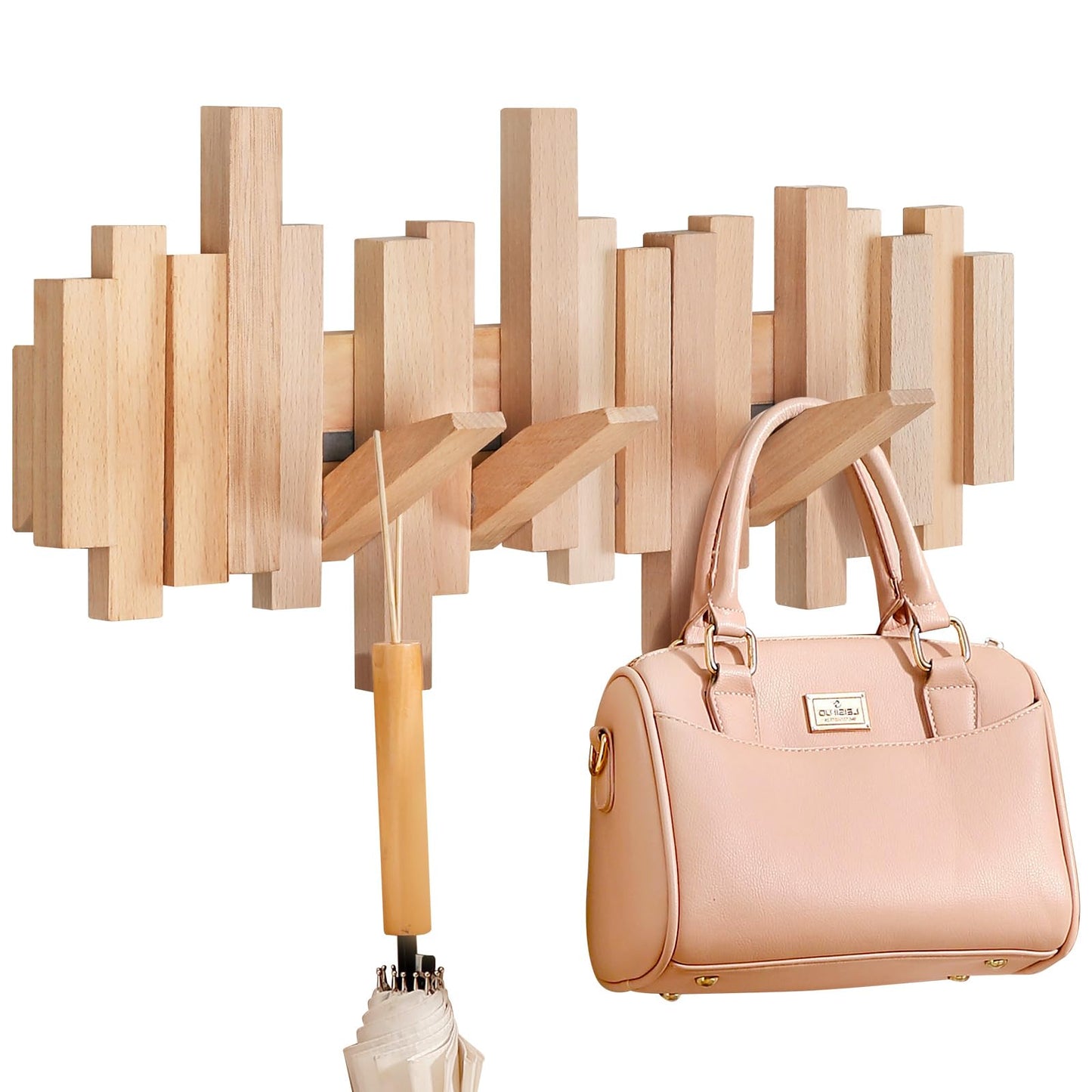 Ufine Wood Wall Mounted Coat Rack with 6 Flip-Down Hooks 16 Inch Wall Hooks for Hanging in Entryway, Bathroom, Home Office