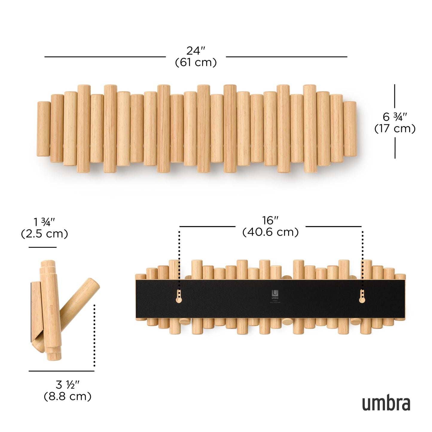 Umbra Picket Coat Rack with 8 Hooks – Natural Wall-Mounted Coat Rack with Flip-Down Wooden Hooks, Real Pine Wood Decorative Wall Storage for Jackets, Hats, Scarves, Bags, Entryway, Bedroom Living Room