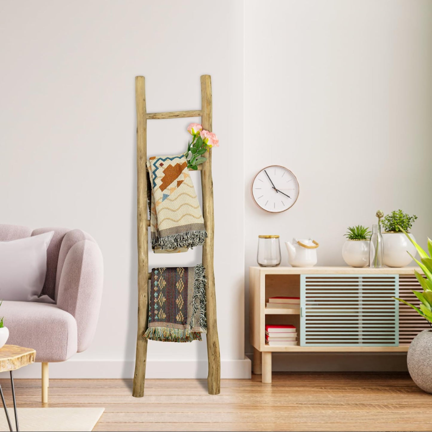 BOMINGHOME Fully Assembled Wood Ladder for Blankets, 5-Layer Structure Towel Rack, Farmhouse Style, Durable and Convenient Throw Blanket Ladder, Living Room Decoration
