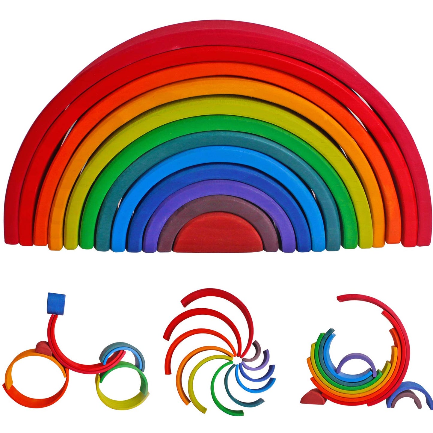 Dinhon Wooden Rainbow Stacking Toys, 12 Pcs Wood Building Blocks Set Wooden Building Blocks Nesting Puzzles, Early Matching Educational Learning Montessori Toys for Kids 3 4 5 6 Years and Up