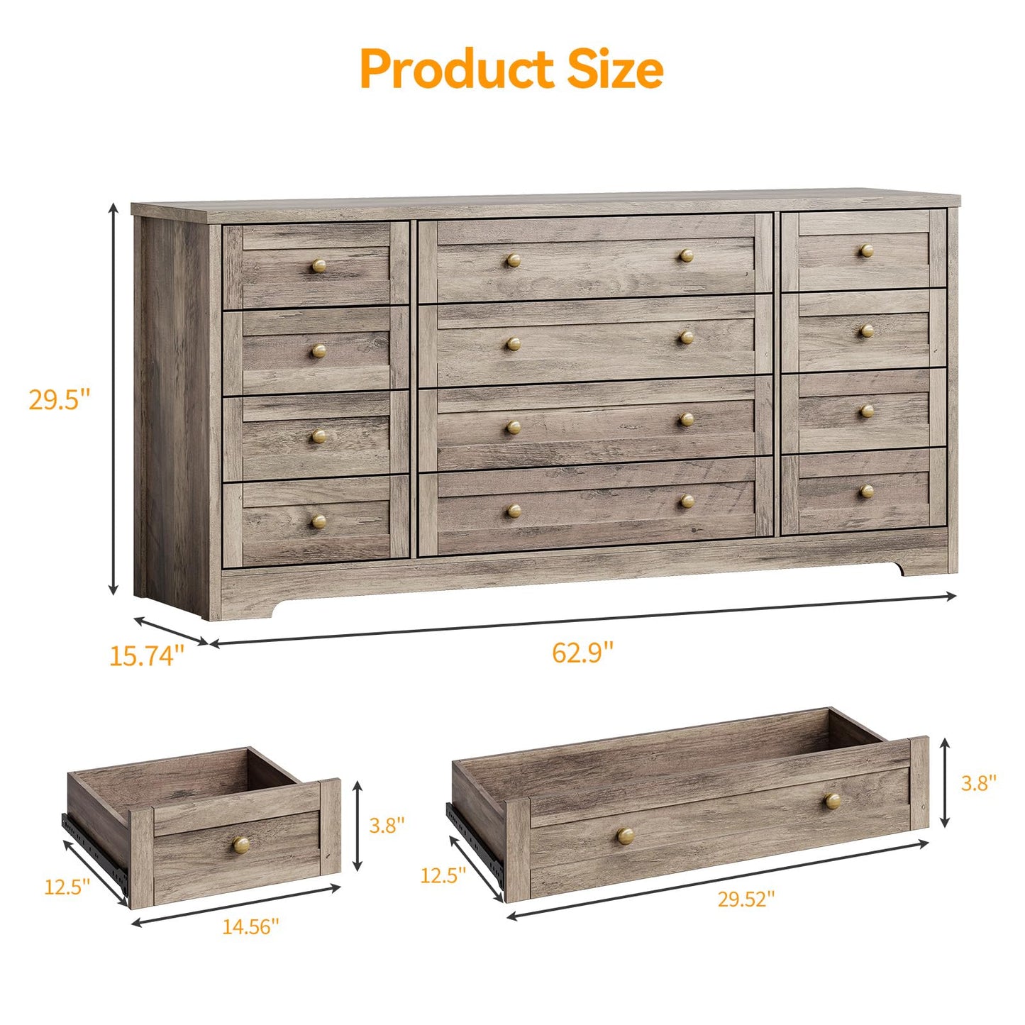 Garvee 12 Drawer Wooden Dressers for Bedroom, Grey Dresser for Adult Bedroom, Modern Wood Chest of Drawers for Living Room, Closet, Entryway, Hallway, Farmhouse Wide TV Stand for 65 Inch TV