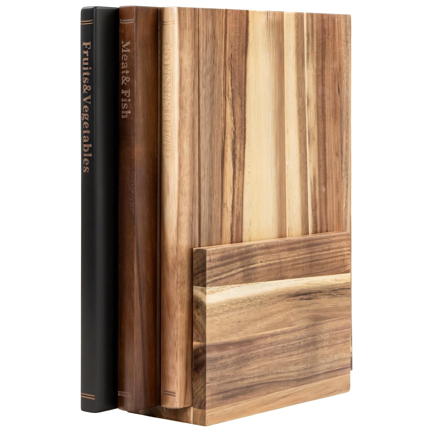 Book Cutting Board Set with Stand，Wooden Cutting Boards That Look Like Books for Serving & Display，Acacia Wood for Meat, Vegetables, Cheese & Bread，3-Piece Set