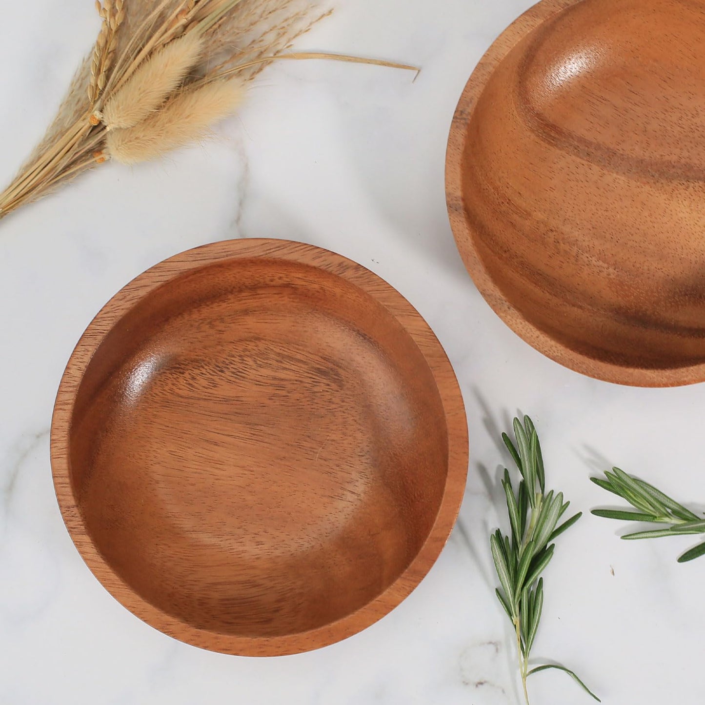 MeowAroma Acacia Wood Serving Bowls, 6 Inch Handcrafted Wooden Individual Bowls Set of 2 for Food/Soup/Salad/Pasta, Use as Snack Holder Plate for Kitchen and Dining