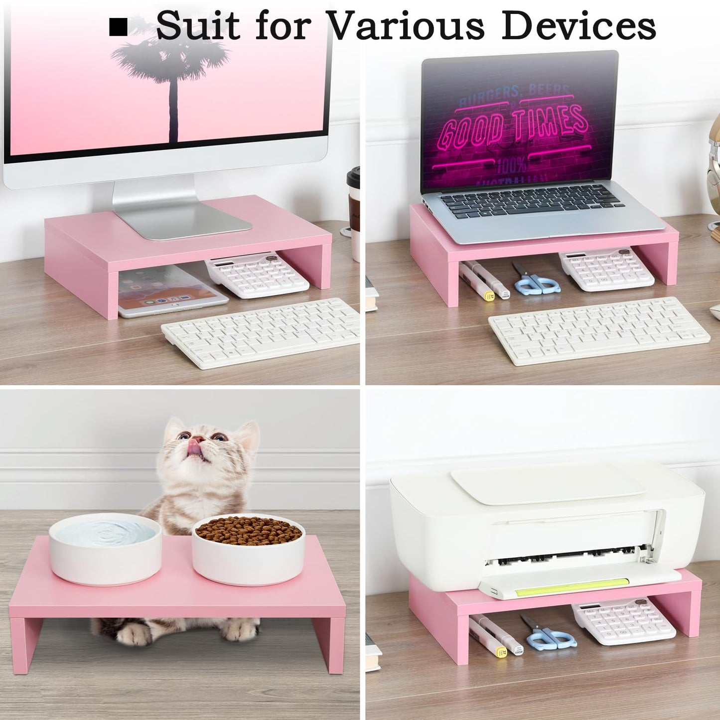 TEAMIX Pink Monitor Stand Riser-2 Pack,Wood 2 Tier Adjustable Monitor Stand Dual Monitor Riser for 2 Monitors/Laptop/PC Computer Stand for Desk