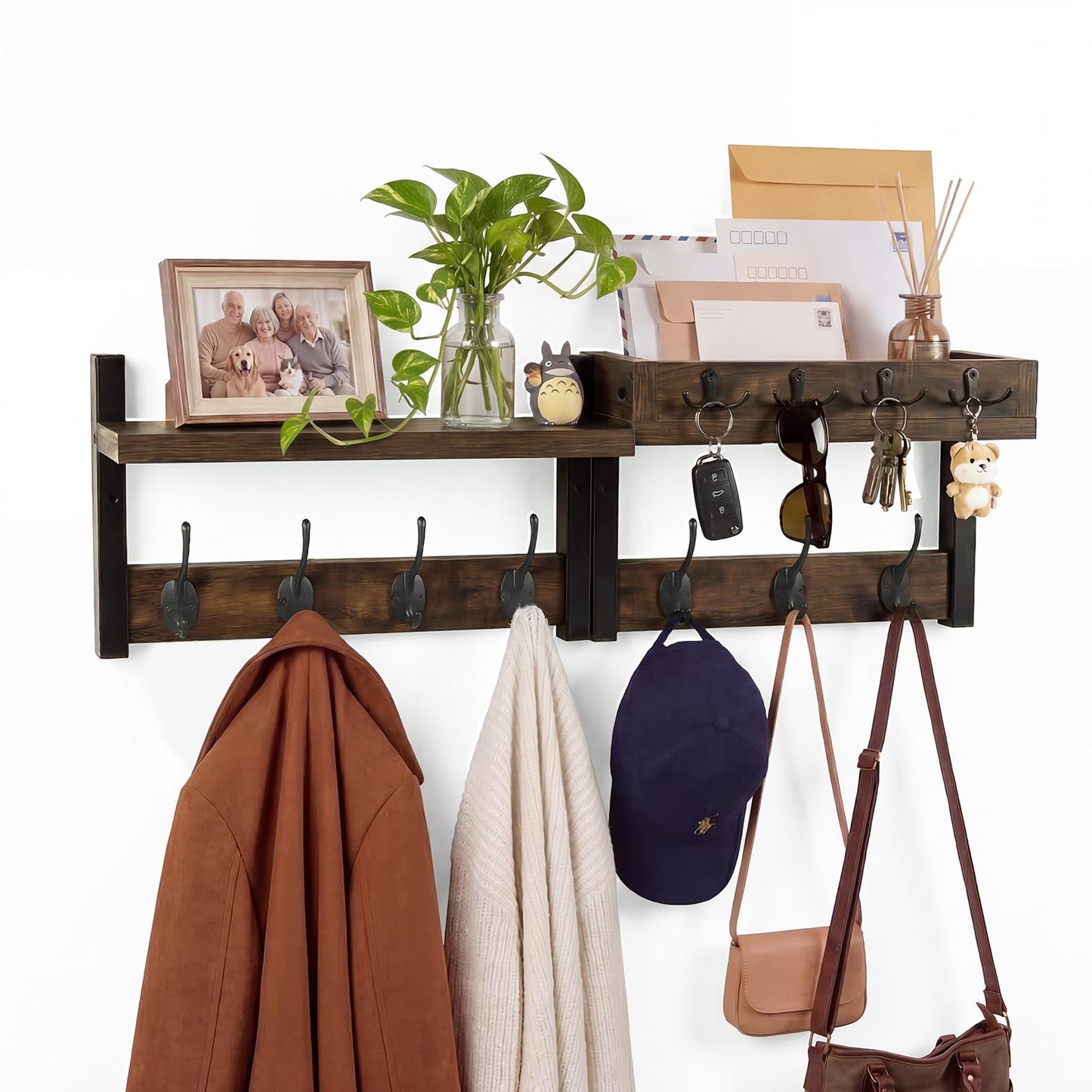 LIONUNCLE Coat Rack Wall Mount with Shelf & Mail Organizer,29 Inch Wall Shelf with 7 Coat Hooks and 4 Key Hooks for Entryway,Living Room,Bedroom,Offices(Rustic Brown)