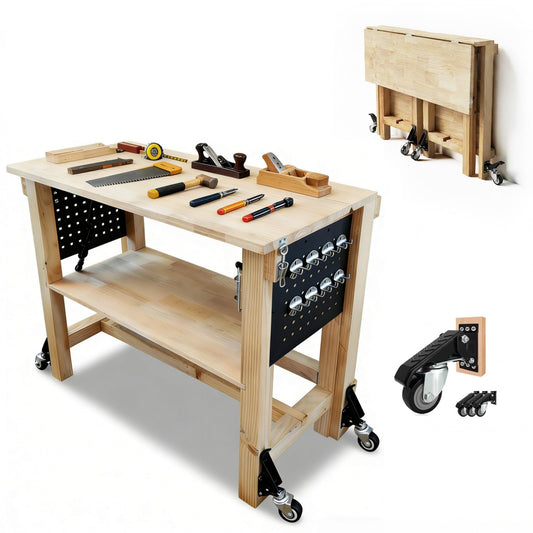 60" Heavy Duty Foldable Workbench with Transformable Wheels and Tool Storage Shelf, Max Load 2500 LBS, Rubber Wood Work Bench for Garage, Woodworking Table with Pegboard