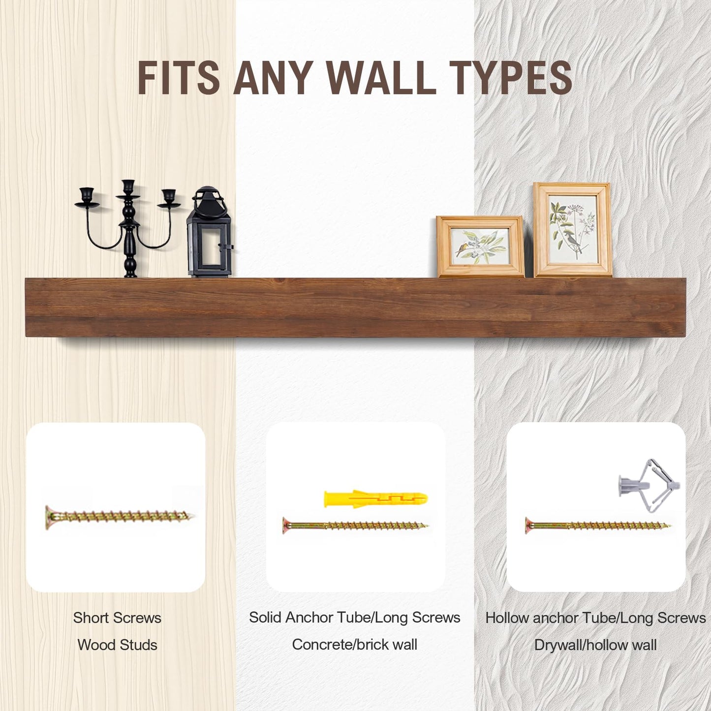 GoCampDirect Fireplace Mantle Shelf - 54×8×5Inch Handcrafted Wall Floating Mantel Shelf for Over Fireplace - Rustic Traditional Wooden Fireplace Mantels with Invisible Heavy Duty Wood Bracket