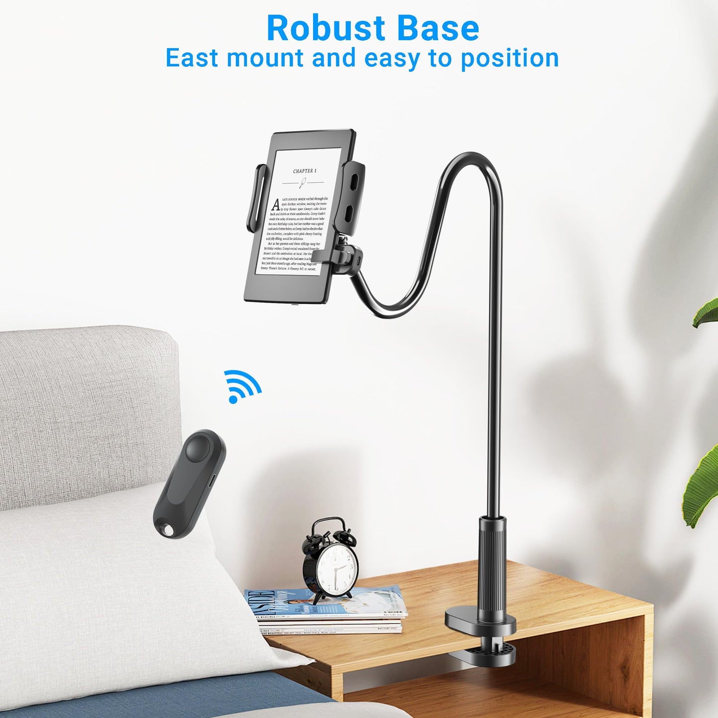 Kefotic Gooseneck Tablet Holder for Kindle Reading in Bed with Page Turner Remote, Hands Free Desk Bedside Lazy Arm Stand for Kindle Accessories, Gifts for Readers