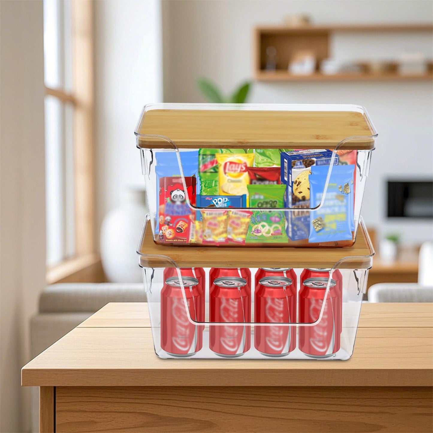 Yomjarl 2 Pack Snack Station Organizer for Pantry Shelf,Snack Bar Station Storage Basket with Handle & Wooden Lid,Stackable Plastic Baskets for Storage Pantry Bins Organizer,Kitchen Organization Box