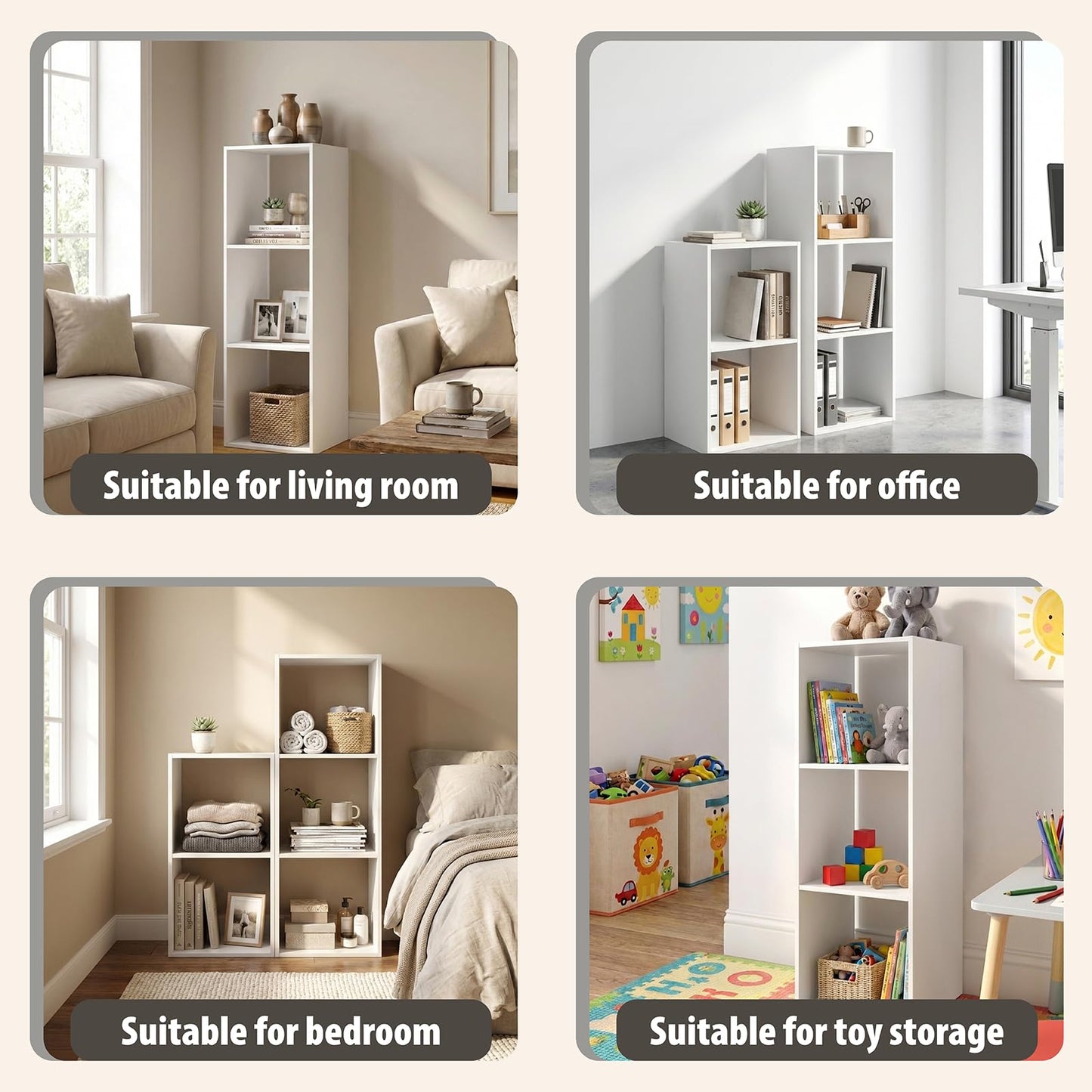 Endearing Limons【2026 Wooden 3 Cube Shelf Storage Organizer with Anti-Tipping Kits + Reversible Open Back Solid Panel Bookcase (11 x 11 Unit Cell White)