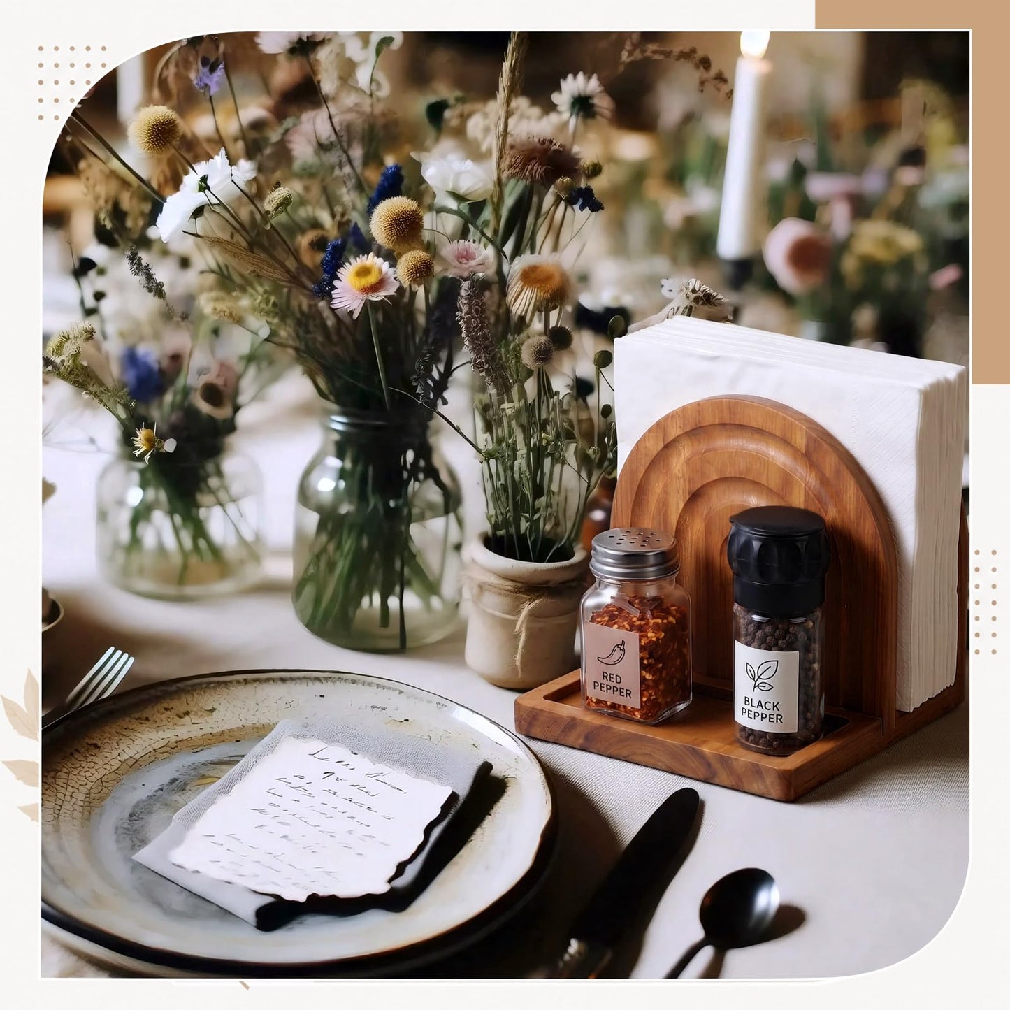 Singhoow Acacia Wood Napkin Holder with Salt and Pepper Shaker Caddy, Modern Arch Paper Napkin Dispenser and Condiment Organizer for Dining Table Kitchen Counter, Farmhouse Boho Home Decor