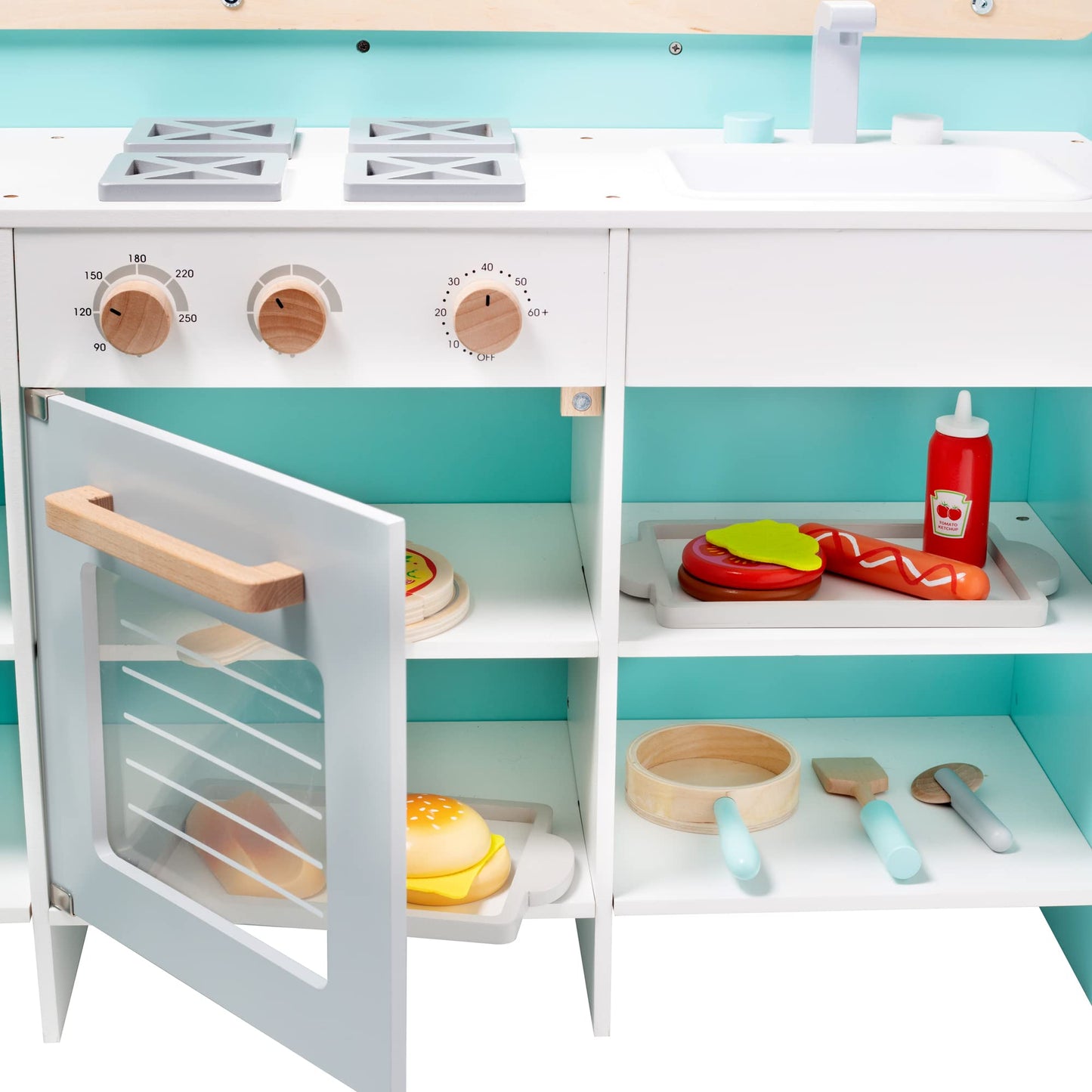Food Truck Wooden Playset- 20 Fun Toy Pieces Including Cook Top, Steering Wheel, Sticker Sheet for Kids Name- Food Tray, Pizza Slices & More, Dual Sided Play Stand for Indoor Fun Activity, For Ages 3+