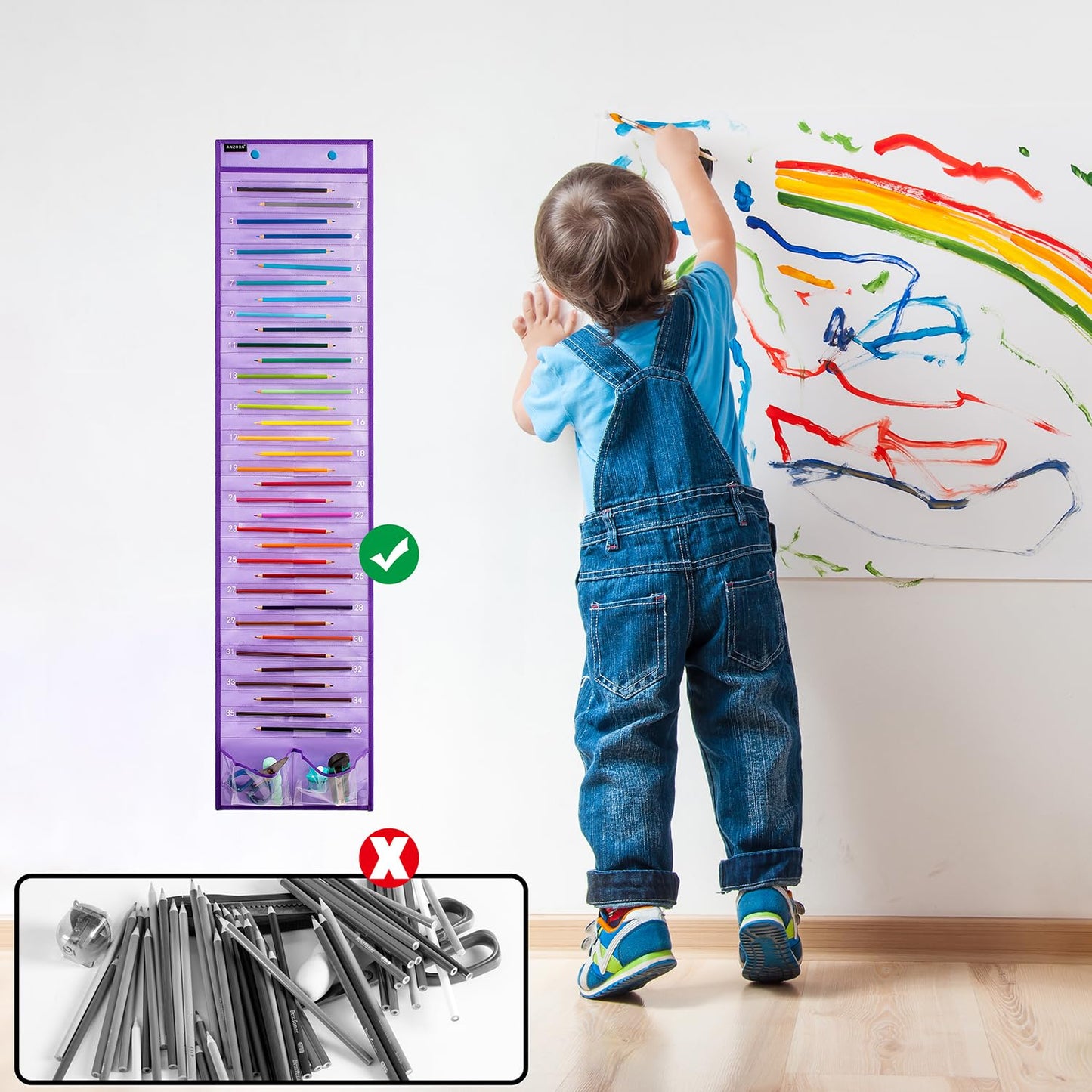 ANZORG Hanging Pencil Holder Classroom Pencil Parking Pocket Chart Numbered Pencil Dispenser Organizer as Back to School Essentials (2 Pack-Purple)