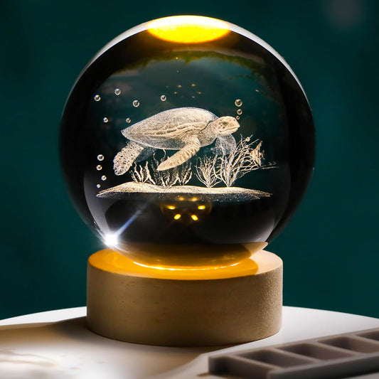 Arikyrist 3D Sea Turtle Crystal Ball Lamp with Wooden Base, 3D Laser Etched Crystal Sea Turtle Decor Glass Sphere Figurine Ornaments, Crystal Sea Turtle Gifts for Women Men Kids