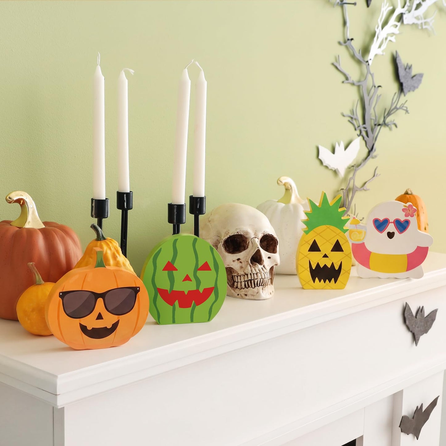 Kathfly 4 Pcs Summer Halloween Tiered Tray Decor Tropical Wooden Table Signs Spring Hawaii Ghost Pumpkin Watermelon Pineapple Decorative Trays for Halloween in Summer Shelf Desk Display Party Gifts