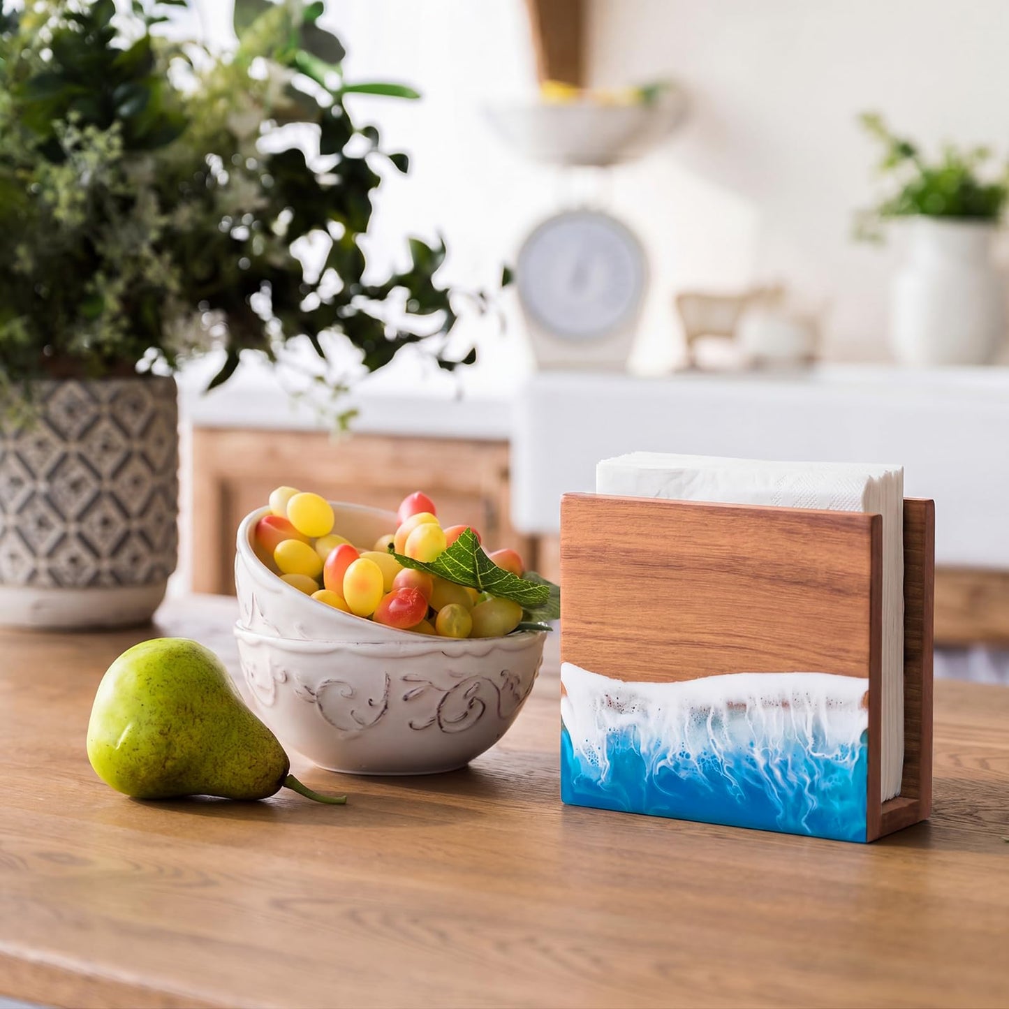 Hushee Acacia Wood Ocean Napkin Holder Resin Sea Wave Pattern Handcrafted, Wooden Rustic Farmhouse Standing Napkin Dispenser for Kitchen Dining Room Party Cocktail Outdoor Summer Use, 6" x 5.2" x 2.8"