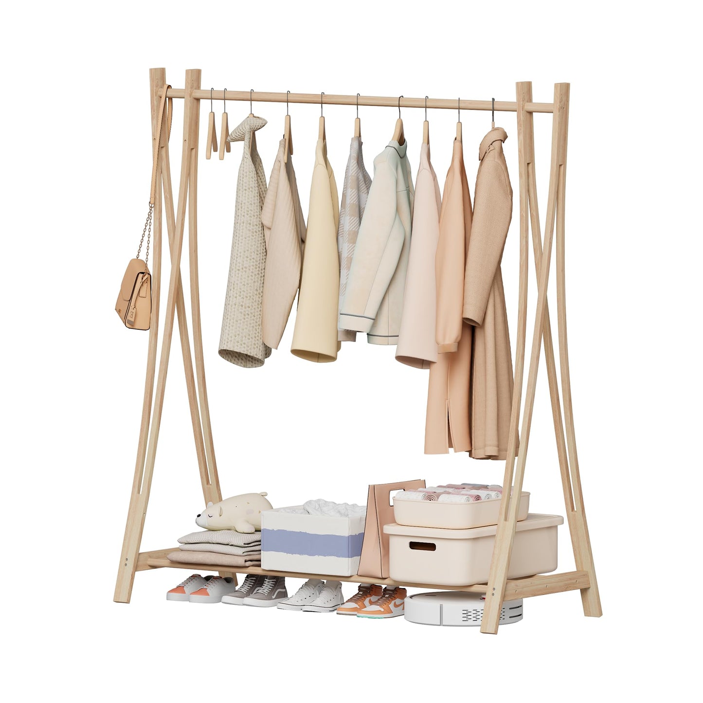 LEMODOR Wooden Retail Display Hanging Clothes Rack with Storage Shelf, 52" W x 57" H Freestanding Heavy Duty Clothing Drying Garment Rack for Hanging Clothes, Coat, Dress, Shirt, Hat