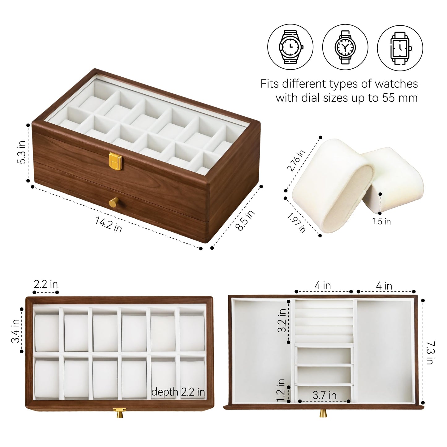 Black Walnut Watch Box for Men, 12 Slot Wooden Watch Organizer with Glass Lid, 2 Layer Watch Display Case with Drawer Jewelry Storage Box, Gift for Husband, Dad, Anniversary, Father’s Day, Women