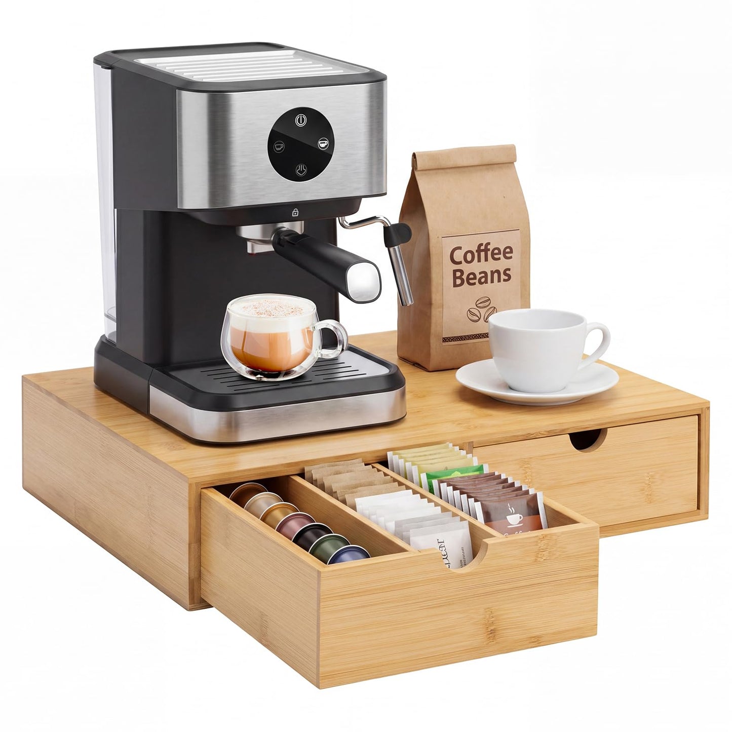 RRX Bamboo Coffee Pod Holder Drawer,15.35''Lx11.22''Wx3.35''H (Beige, 30)