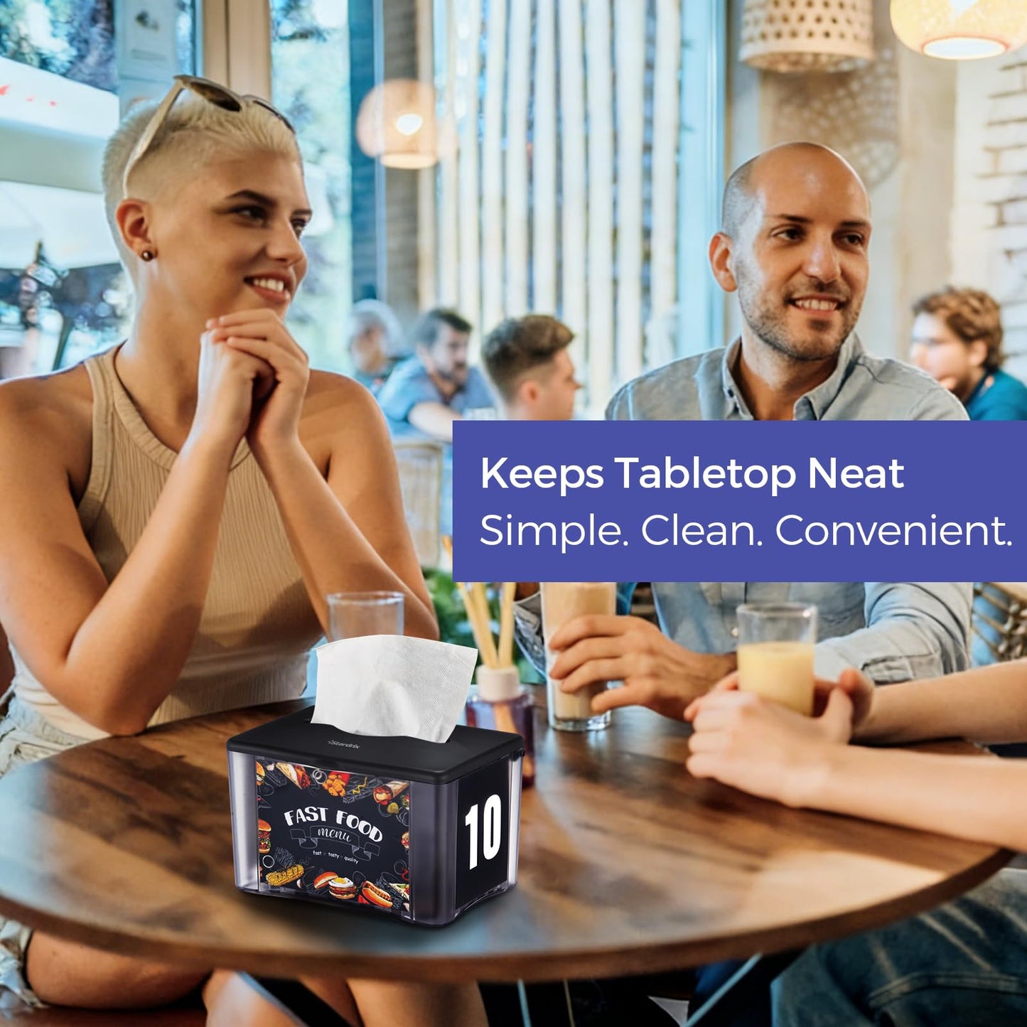 Stardrix Interfold Tabletop Napkin Holder, Spring Loaded Commercial Restaurant Napkin Dispenser with 4-Sided Marketing Insert Display, Easy-Access Black Napkin Dispenser for Counters & Tables