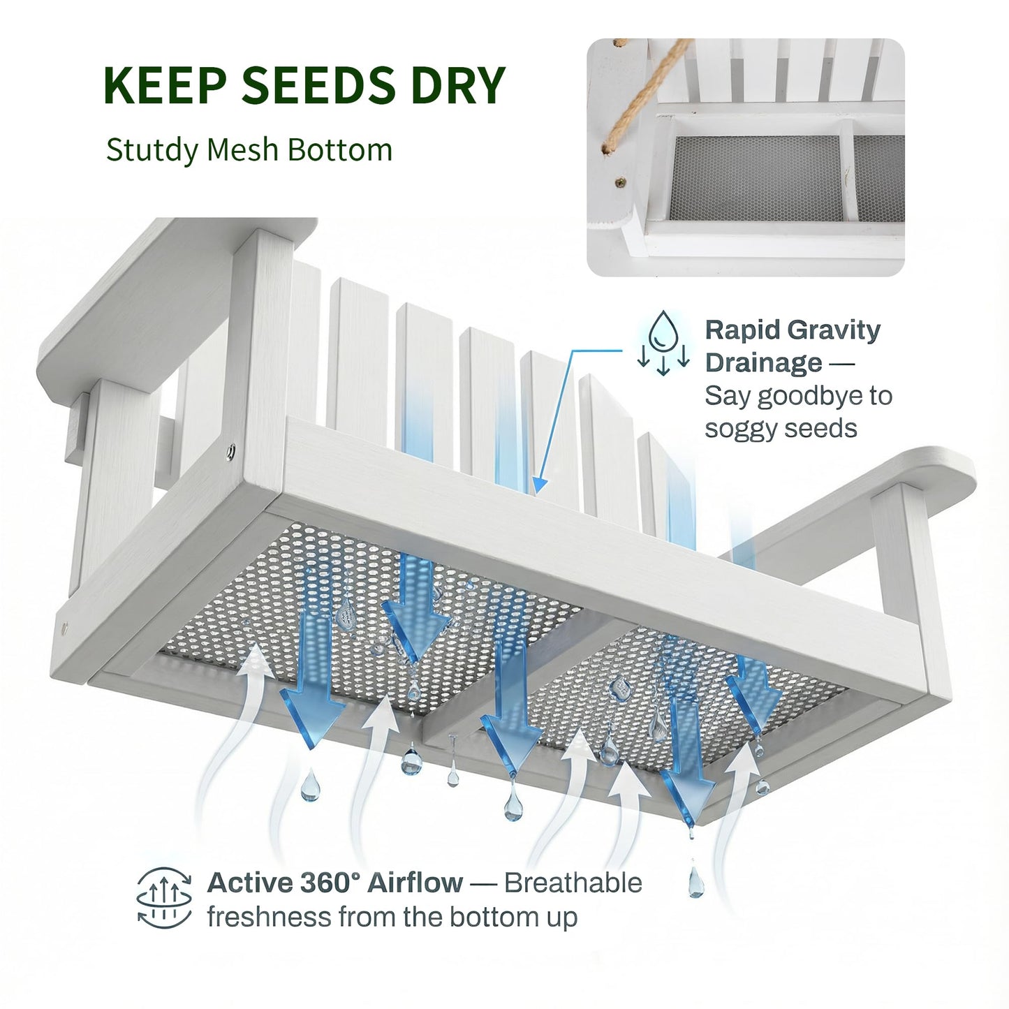 Solution4Patio White Swing Bird Feeder, Squirrel-Proof Metal Mesh Tray with Bench Design, High-Capacity Rust-Resistant Hanging Bird Feeder for Porch & Yard Décor – Easy Fill & Clean