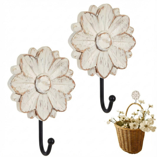 Weysat 2 Pcs Vintage Hooks for Wall Wood Farmhouse Towel Hooks Shabby Chic Wall Decor Boho Coat Hanger for Home Kitchen Office Keys Bags Towel (Floral)