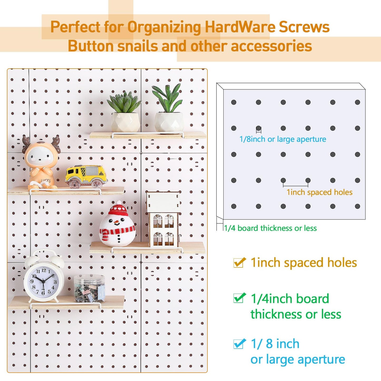 Wonderjune 4 Pcs Wooden Pegboard Shelves with Metal Pegboard Shelf Brackets Peg Board Display Storage Tray Wall Organizer Peg Board Accessories for Craft Room Home Kitchen(Brown,9.84 x 5 Inch)