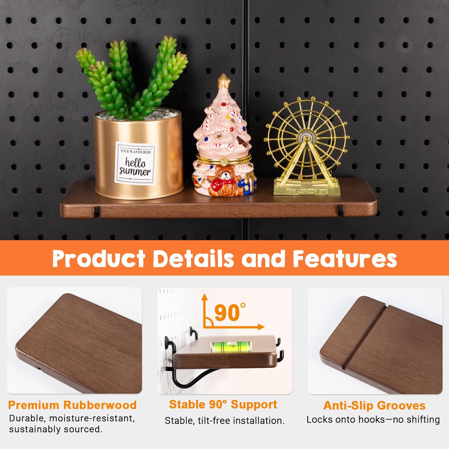 SEMPOMA 2 Pcs Walnut Finish Wooden Pegboard Shelf for 1/4" Metal Pegboard