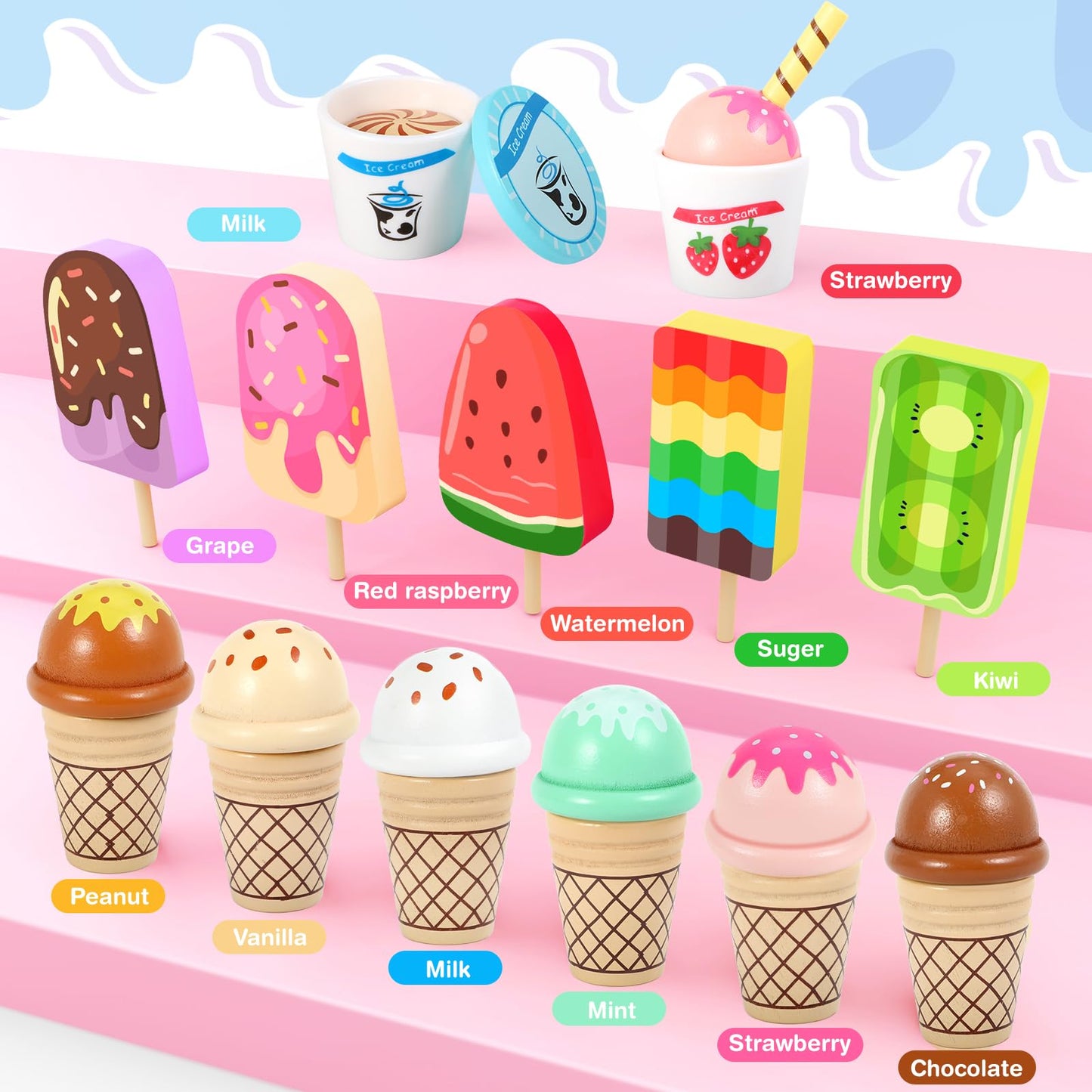 Loscola Ice Cream Toy, Wooden Ice Cream Toys for Kids Toddlers, Pretend Play Kitchen Food Toys, Wooden Play Store Counter Shop Playset for Toddlers, Toy Gift for 3 4 5 6 7 8 Year Old Girls Boys