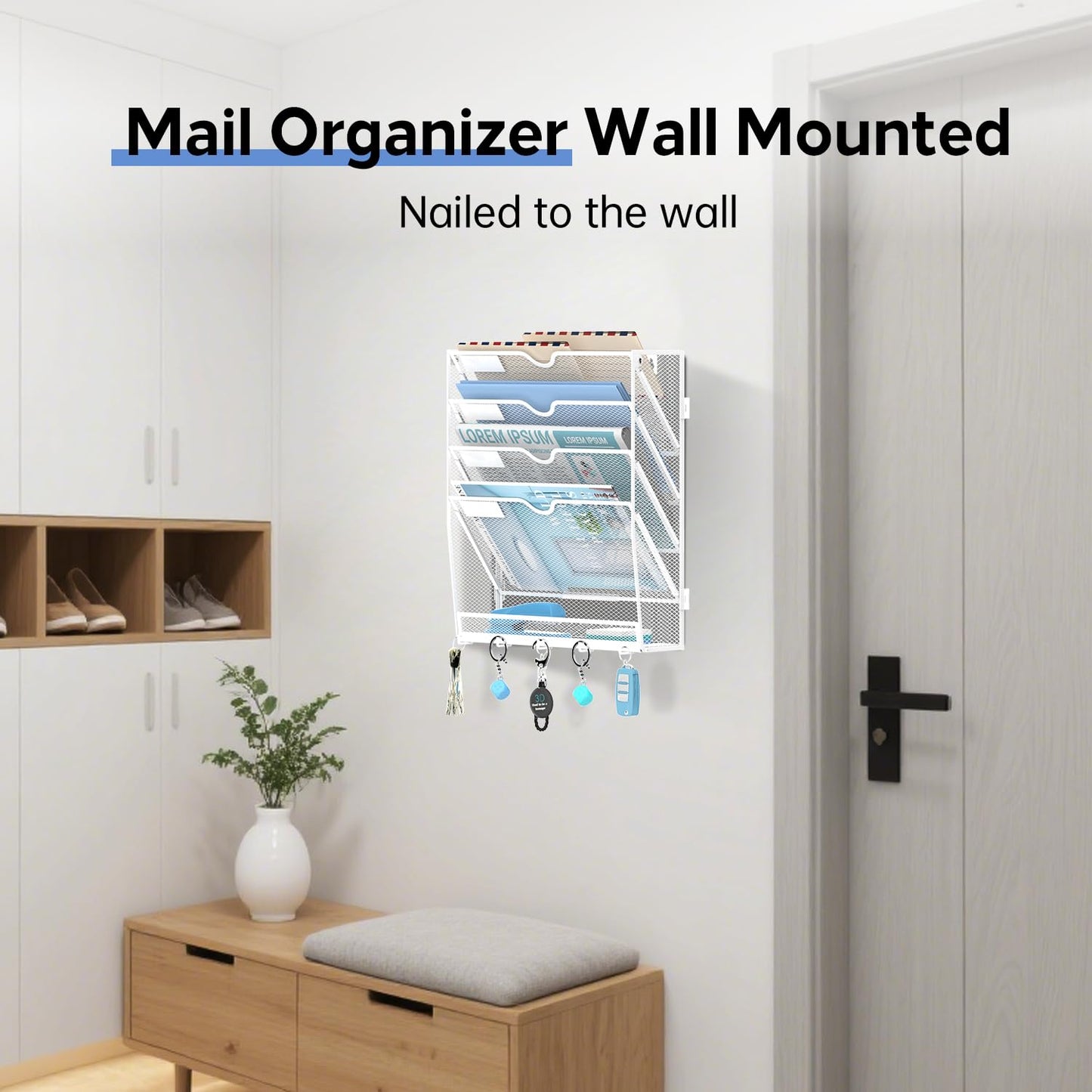 JMHUD 5 Tier Wall File Organizer - Hanging File Organizer with 5 Hooks, Mail Holder Wall Mounted for Papers, Folders, Magazines, Bills, Office&School Organization, White