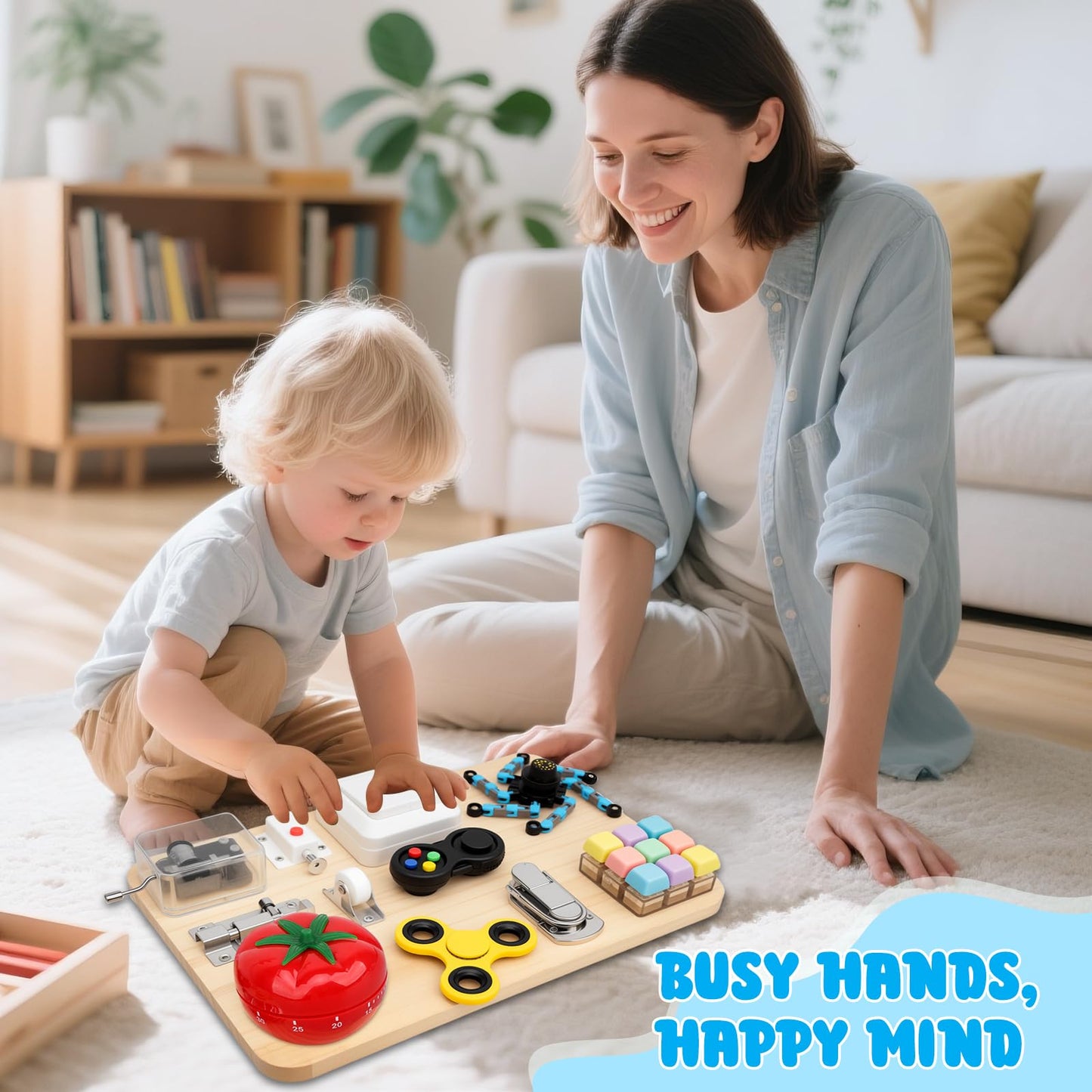Wooden Busy Board Fidget Pad for Kids Adults, Musical Fidget Spinner for Stress Relief, 11 in 1 Sensory Fidget Toys for Travel, Preschool Learning Activities Fine Moto