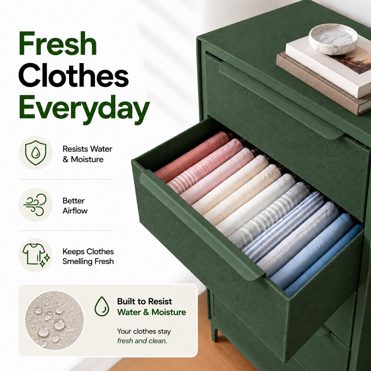 tinge Naima Premium Fabric Dresser - Strong Metal Frame, 5 Spacious Sag-Proof Drawers with Sleek Metal Handles - Premium & Durable Storage Solution for Your Home (Green)