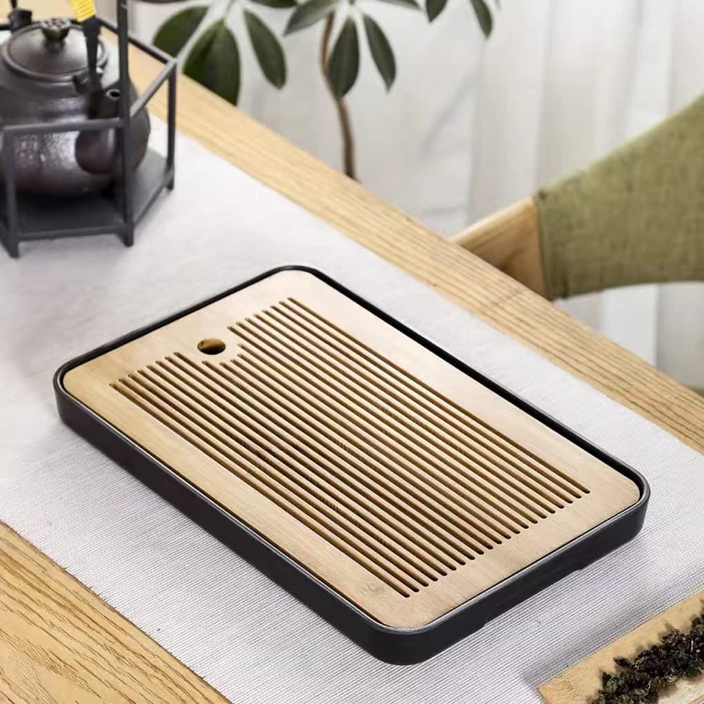 14 Inch Bamboo Chinese Gongfu Tea Tray Table Box with Water Storage for Kungfu Tea Set (Style 5 Black)