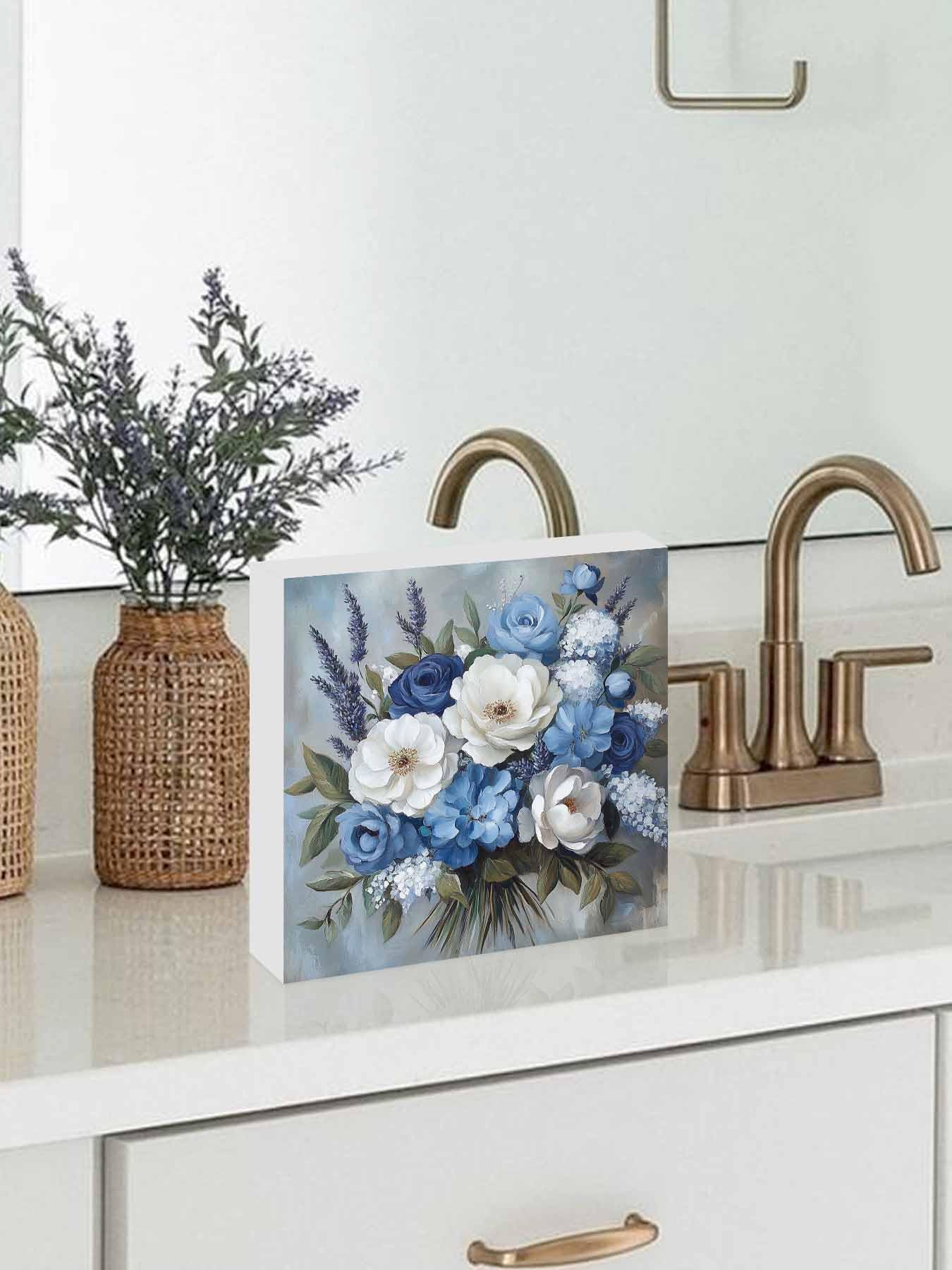 RisQiten Blue Spring Floral Home Room Office Decor Wooden Box Sign, Square Decorative Signs Plaques, Modern Art Flowers Pastoral Desk Decor Wood Block Plaque Shelf Table Decorations Gifts 6"x6"