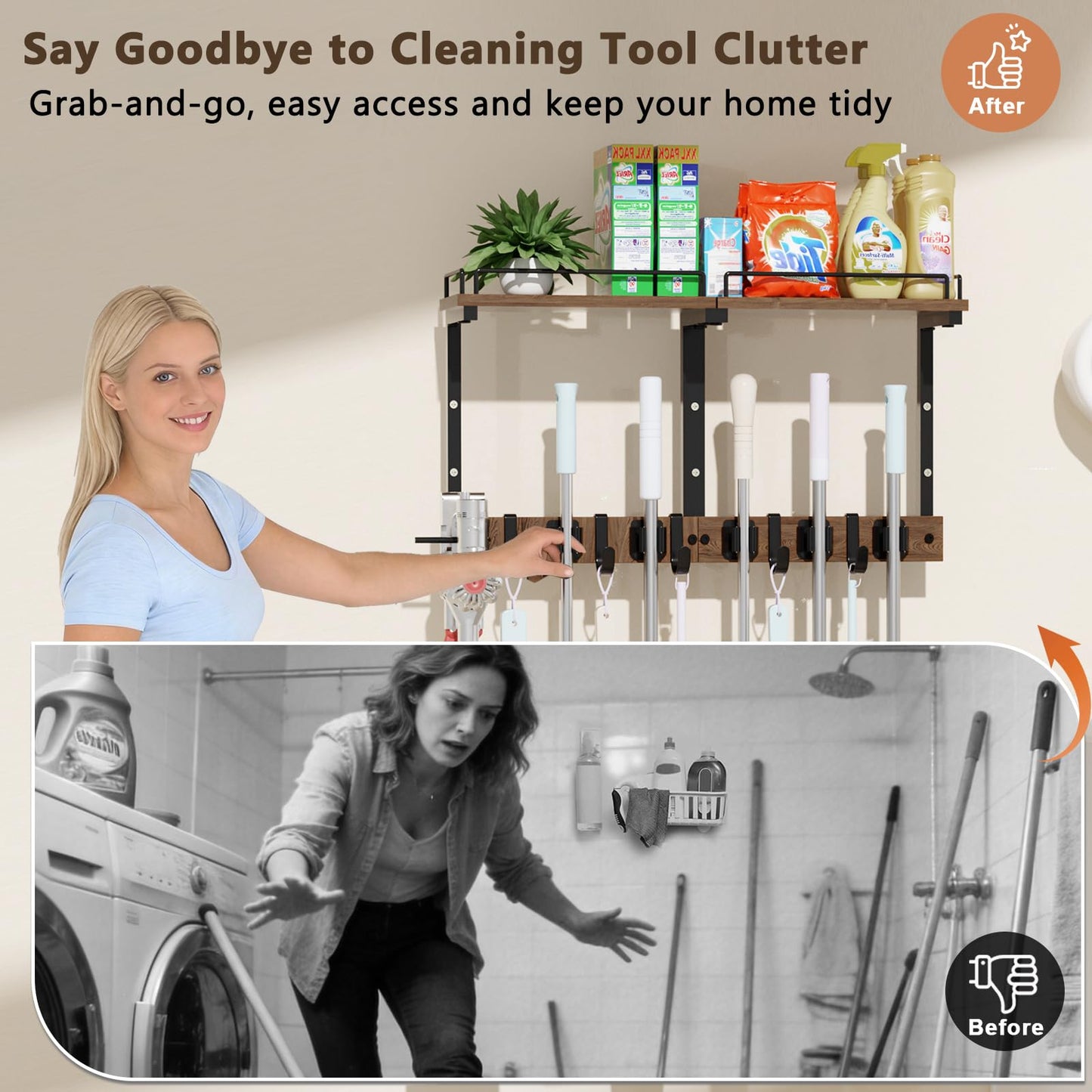 Casremee Mop Holder Wall Mount with Cleaning Supplies Organizer, Wood Mop and Broom Hanger Rack Organizer with Anti-Fall Wall Shelf with 5 Clips & Hooks for Garage Laundry Room Kitchen (Dark)