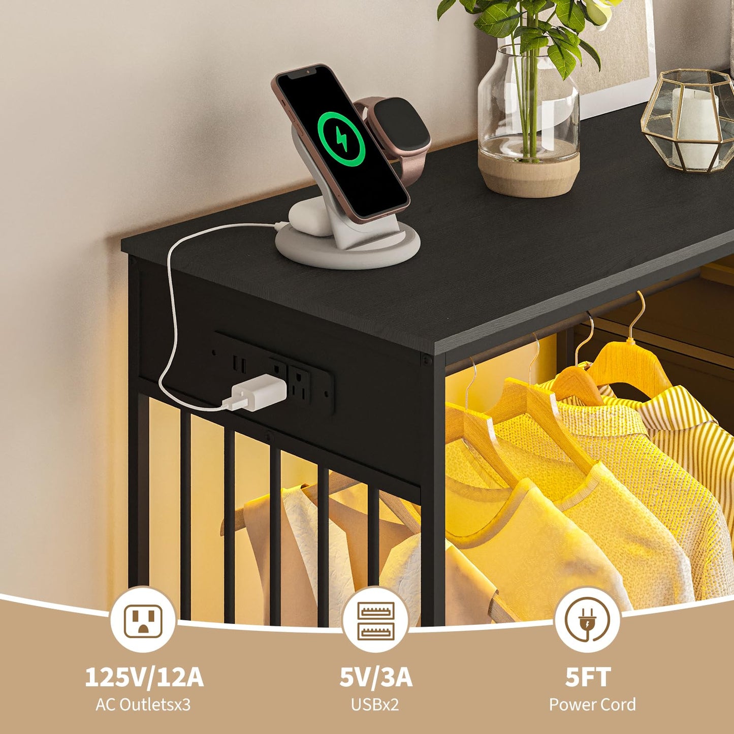 IDEALHOUSE 6 Drawers Dresser for Bedroom with Hanging Rack, LED Lights & Charging Station, Fabric Dressers & Chest of Drawers with Rack, Wooden Top, Grid Panel