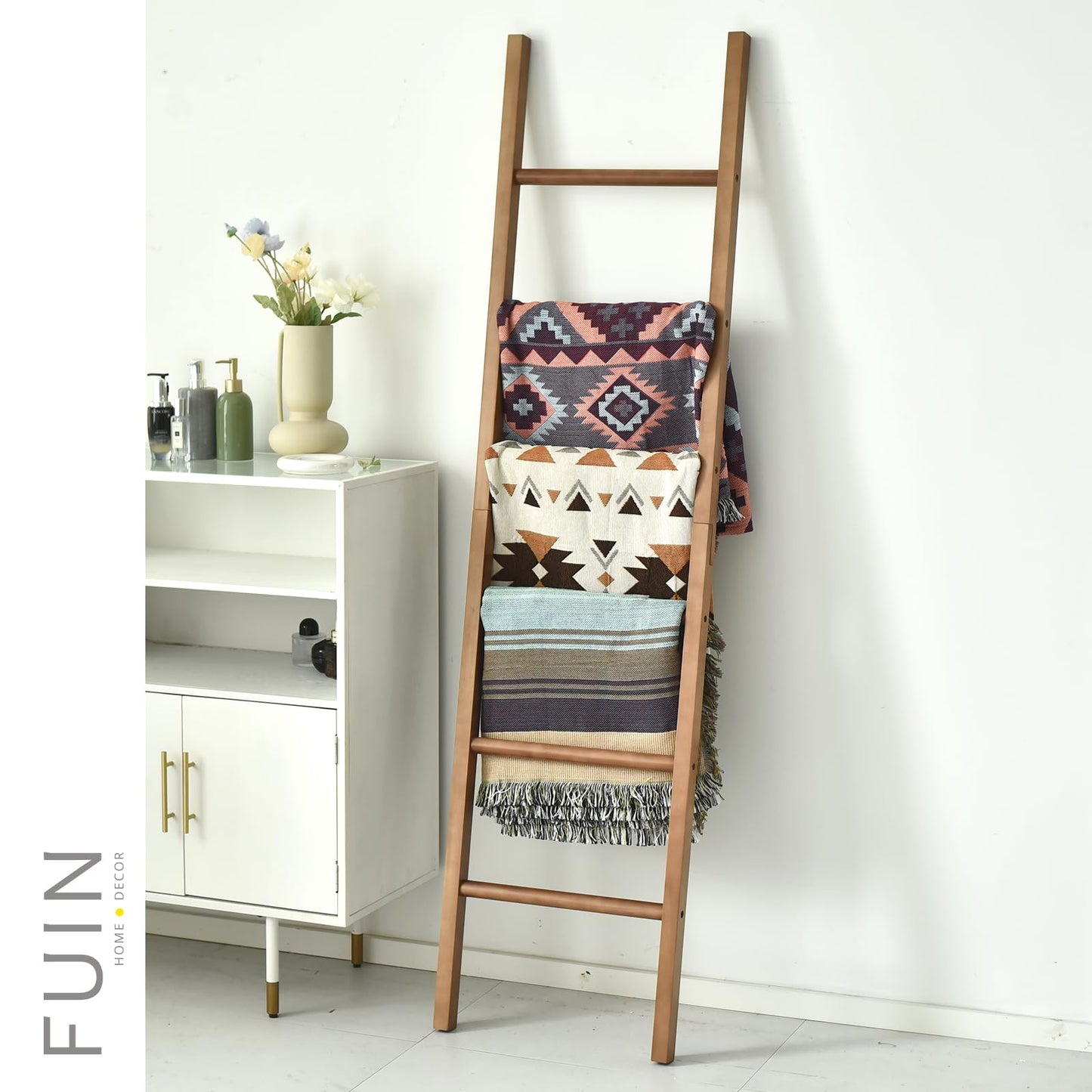 FUIN 6ft Wooden Natural Blanket Ladder Living Room Decorative Wall Leaning Farmhouse Quilt Display Holder Rustic Wood Towel Rack for Bathroom