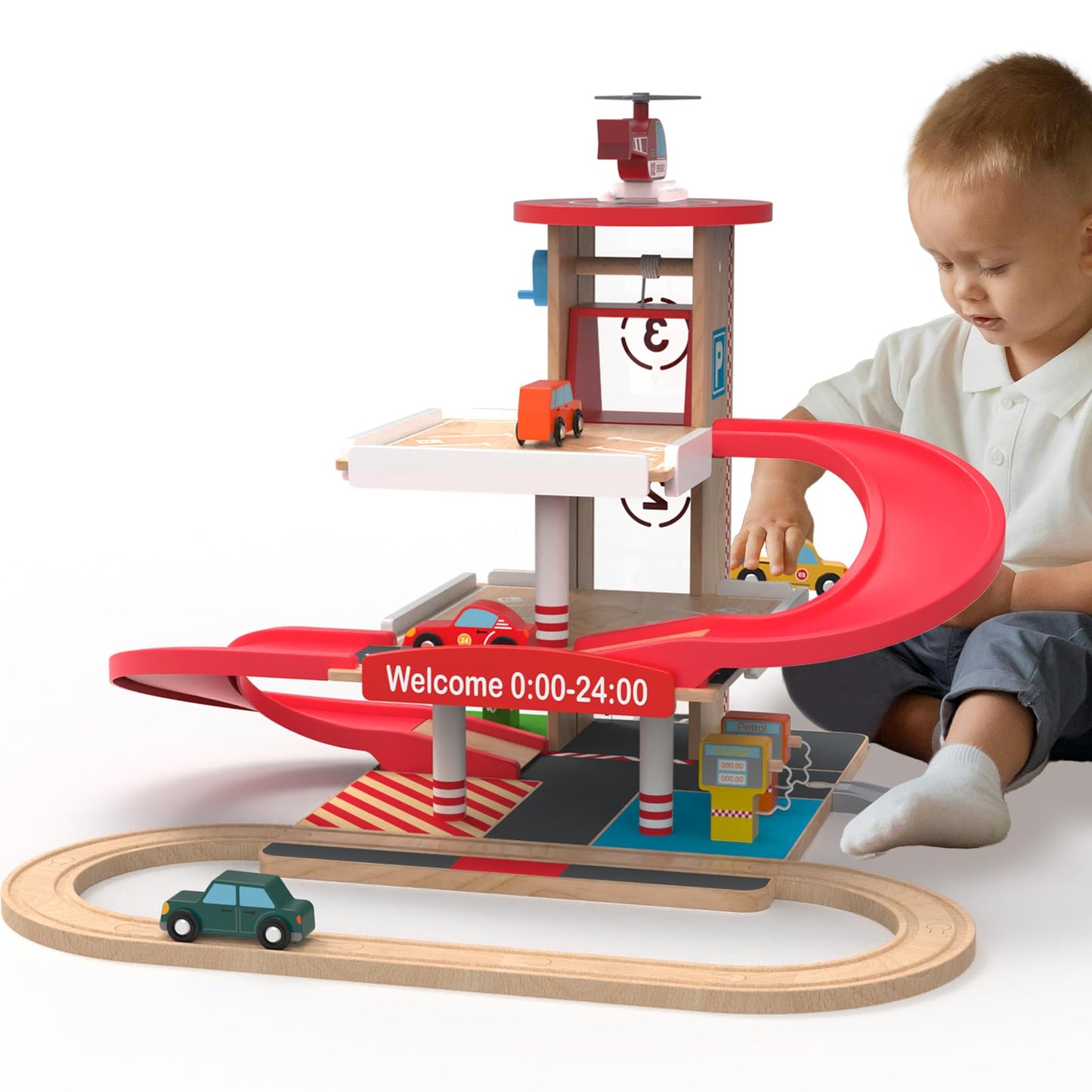 Letoiz Toy Car Garage with Rails, Wooden Parking Garage Toy Playset w/Elevator & Robot Walkie Talkie for Kids, 2 Pack Wooden Handheld Walkie-Talkie for Boys and Girls