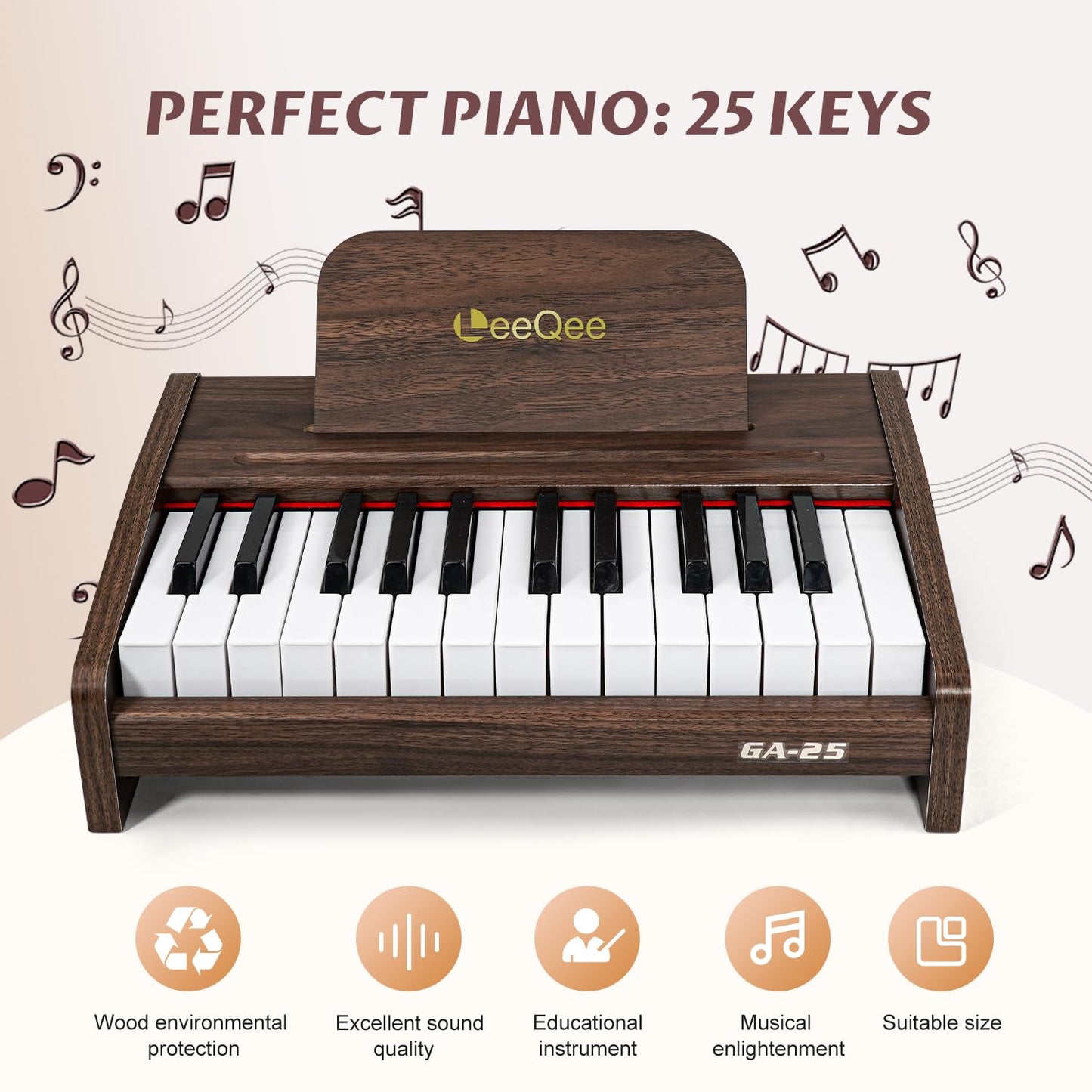 LeeQee 25-Key Wooden Electronic Piano Keyboard for Kids - Educational Music Toy with Realistic Sound, Dual Power Supply & Learning Accessories - Perfect Toddler Learning Gift