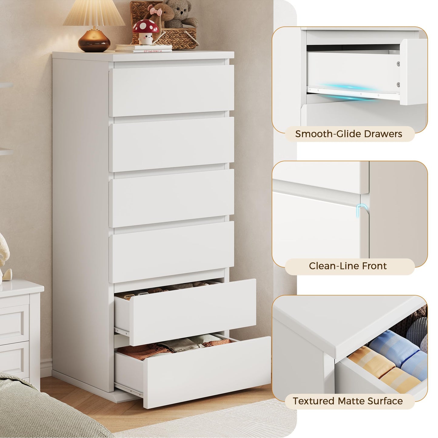 White Dresser, 6 Drawer Dresser for Bedroom, Wooden Chest of Drawers with Handleless Drawers, 19.7" W x 15.7" D x 47.2" H Vertical Tall Dresser, Storage Dressers for Living Room, Hallway and Office