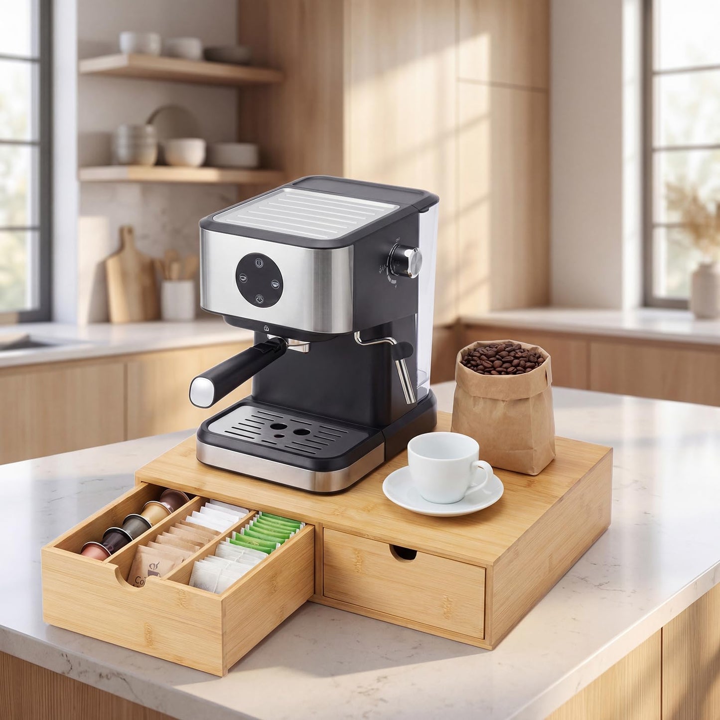 RRX Bamboo Coffee Pod Holder Drawer,15.35''Lx11.22''Wx3.35''H (Beige, 30)