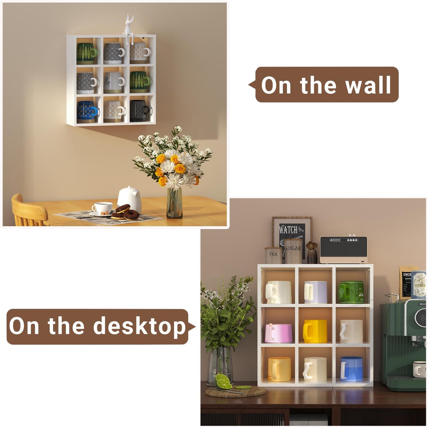 Helsin 9 Grid Vintage Coffee Mug Display Rack, 16inch Wall Mounted Wooden Curio Shadow Box Shelf, Cup Floating Shelves Display and Organizer (White)