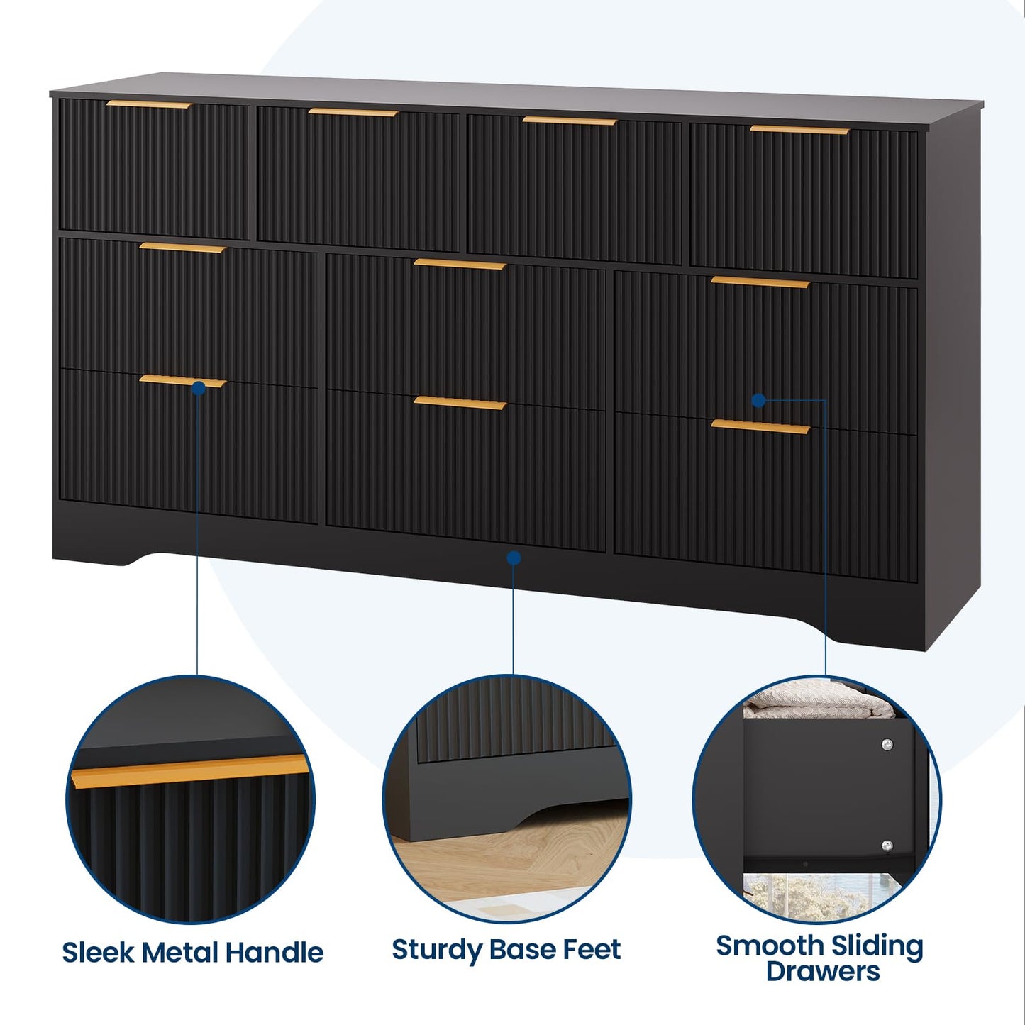Patikuin 59" Fluted 10 Drawer TV Stand, Wooden Dresser TV Stand with Organizer Storage for Living Room, Bedroom, Office, Black