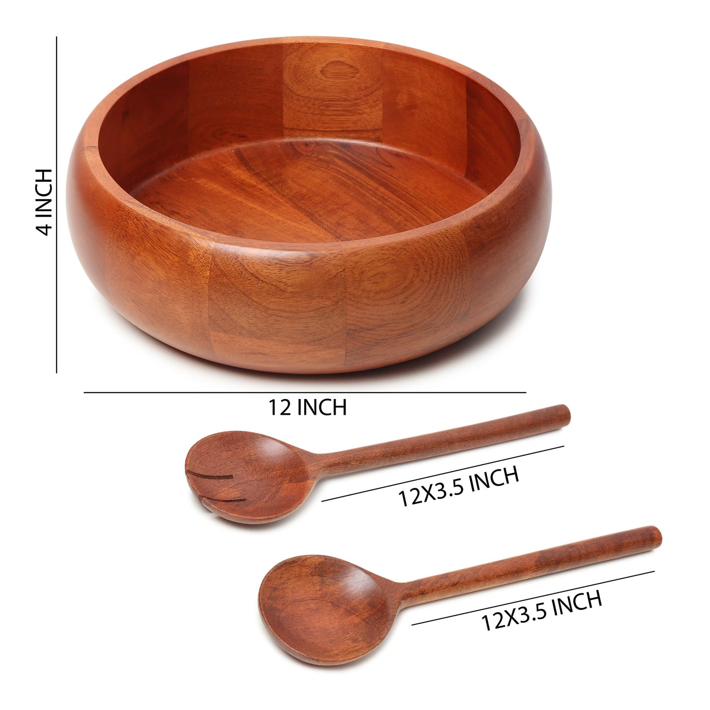LAVAUX DESIGNS Extra large Wooden salad Bowl with 2 servers | 12x4 inches | 4.5 quarts capacity | Food safe salad serving bowl | (Natural Finish)