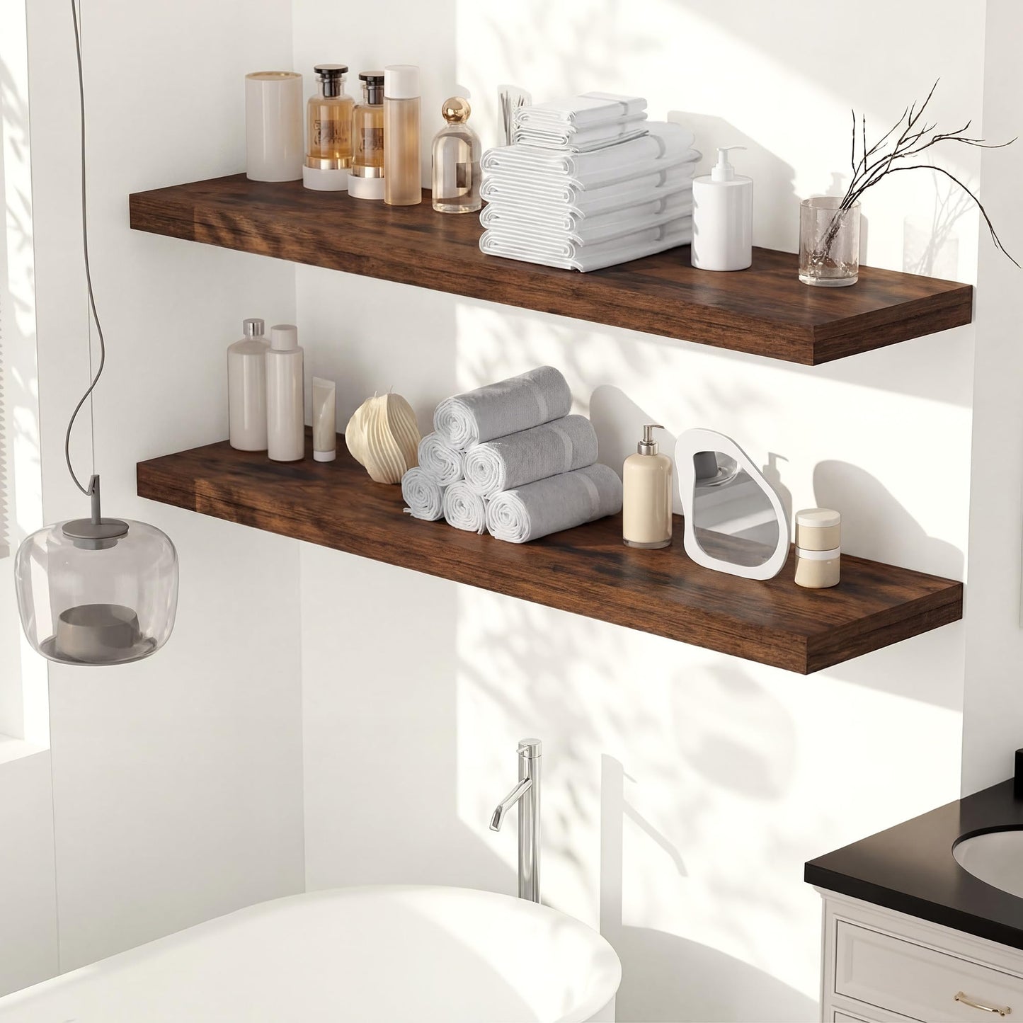 Heimlove 12" Deep Floating Shelves, 36 x 12 Inch Wall Mounted Long Floating Shelf with Invisible Brackets, for Home Decor, Bedroom, Kitchen, Living Room, Bathroom - 1 Pack, Rustic Brown