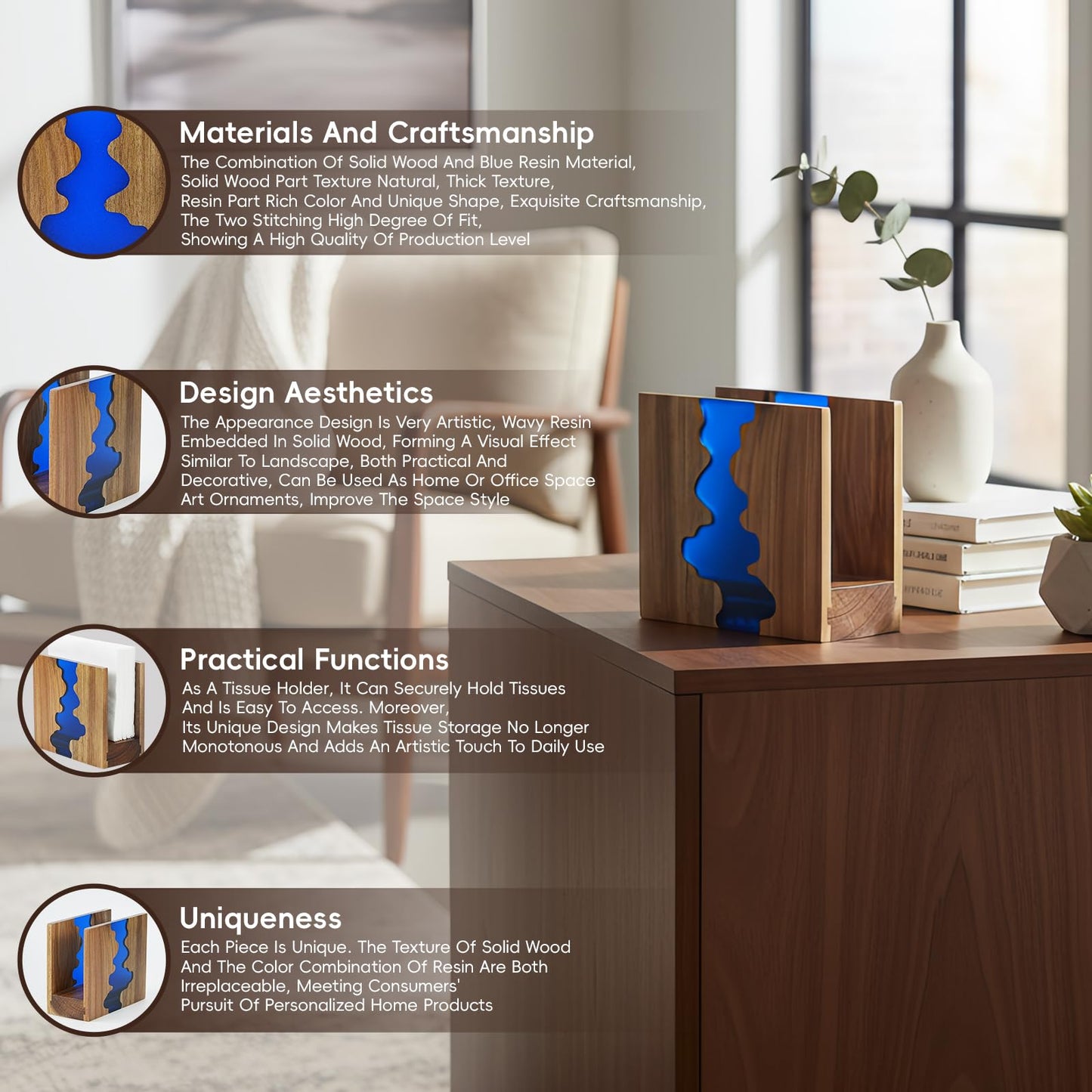Artistic Napkin Holder, Acacia wood & Epoxy resin Napkin holder for table, Thickened Non-Slip Base for Kitchen Countertop, restaurant or outdoors,Modern Tabletop Decor
