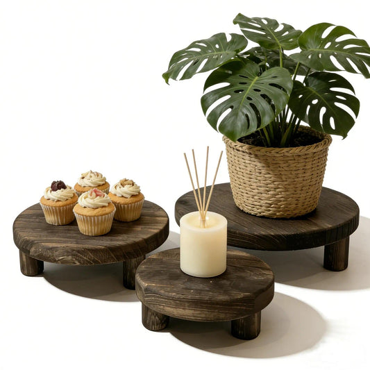 6"/8"/10" 3pcs Unfinished Rustic Wood Stands - Wooden Round Riser - Plant Risers Stand for Decor Display