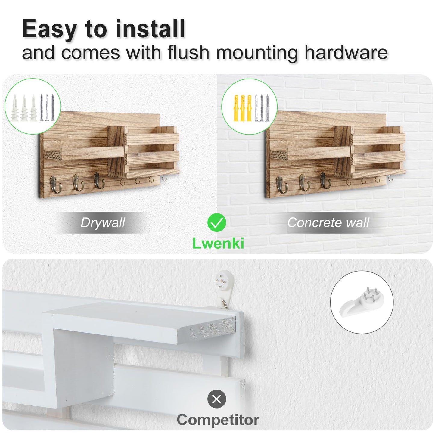 Lwenki Mail Organizer for Wall Mount – Key Holder with Shelf Includes Letter Holder and Hooks for Coats, Dog Leashes – Rustic Wood with Flush Mounting Hardware (16.5” x 8.7” x 3.5”) (Wood)
