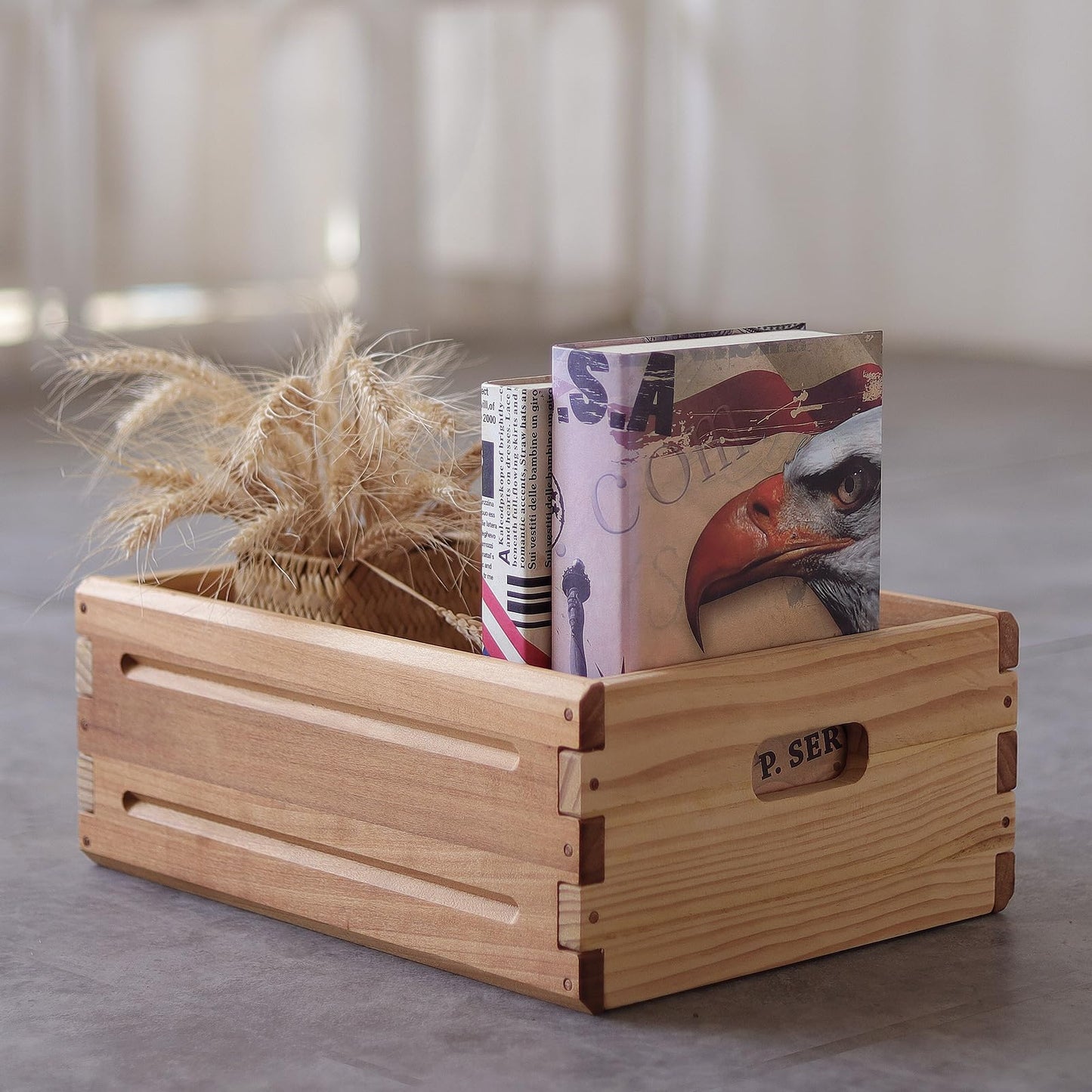 KLZLQ-XINCHEN 2 Pack Wooden Storage Bins of 16"x12"x6.25".Durable Open Solid Wood Box w/ Handles.Farmhouse Container Shelf Baskets. Multipurpose Home Décor Organizer Crates for Display,Pantry,Book,CD