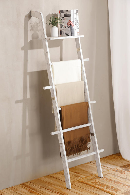 Wash White Wood Blanket Ladder with Top Shelf for the Living Room, 67in Decorative Blanket Holder, 5 Tier with Side Hooks for Hanging, Rustic Farmhouse Towel Throw Ladder Rack for Organize and Display